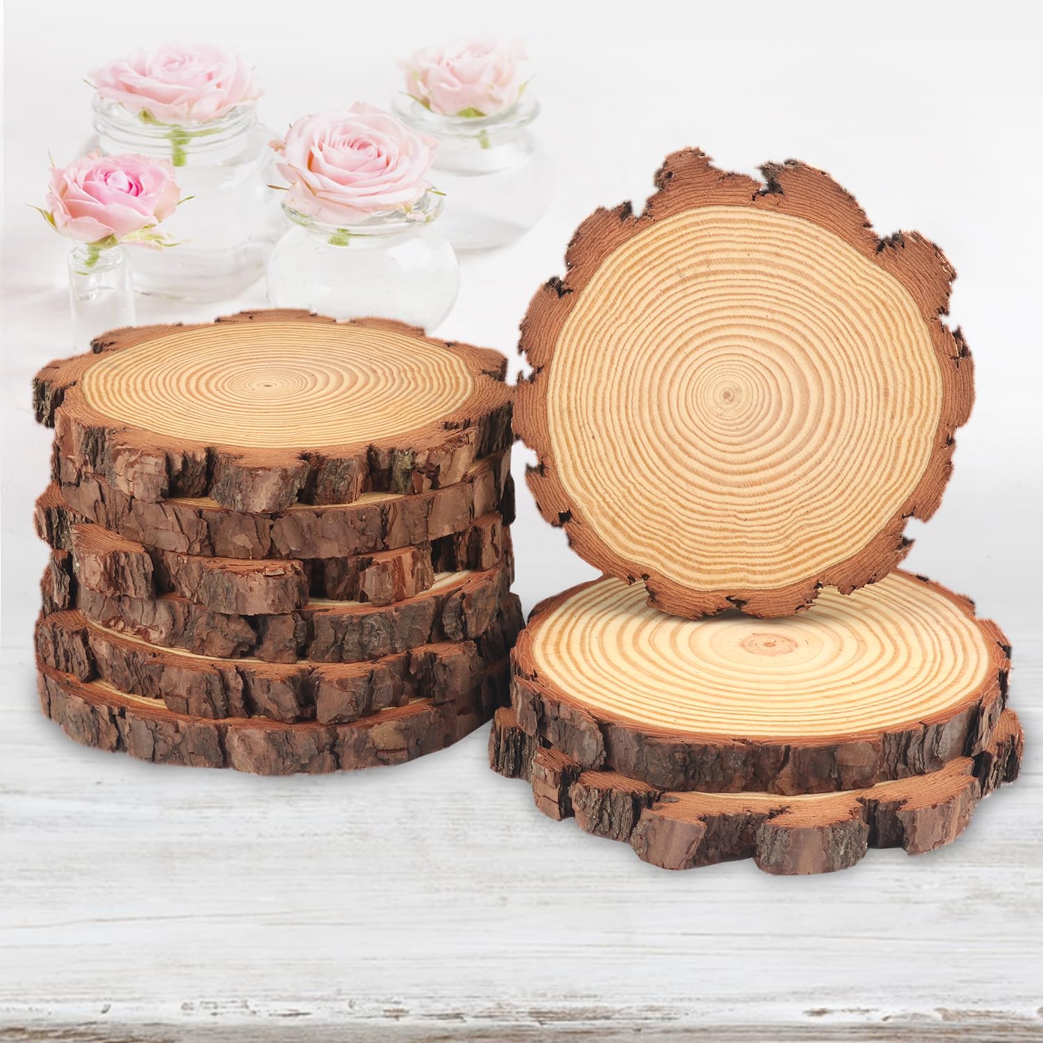 9 fette di legno naturale da 18,3 a 20,3 cm, cerchi in legno di pino non finiti con corteccia per sottobicchieri, artigianato fai da te, ornamenti natalizi rustici per matrimoni e centrotavola