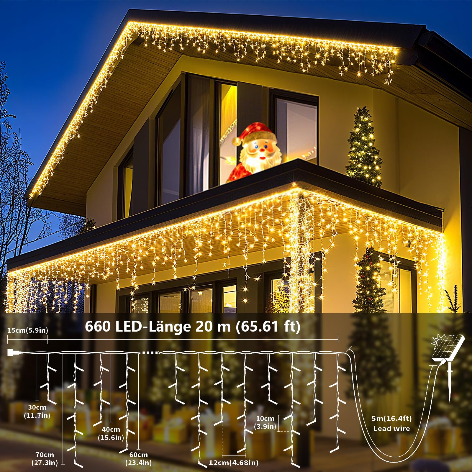 660LED Solar Eisregen Lichterkette, 20+5M Erweiterbar Lichtervorhang mit IP65 8 Modi, Timer, Memory-Funktion Weihnachtsbeleuchtung für Innen Außen Weihnachten Deko Dach Balkon (Warm)