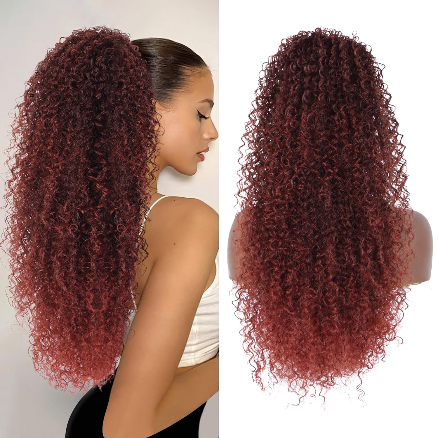 Alebery 27 Inch Drawstring Ponytail Extension for Black Women Deep Curly Ponytail Extension Synthetic Mixed with Human Hair Hairpieces Afro Kinky Curly Pony Tail for Daily Use (Pink Mixed Grey)
