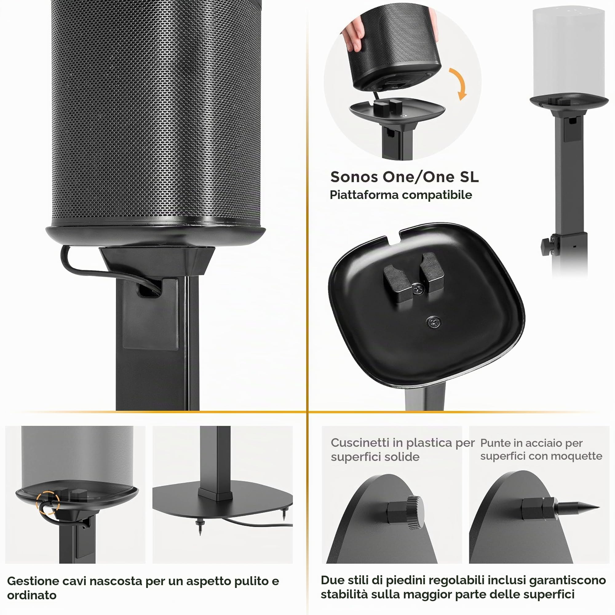 RICOO Supporto per Altoparlanti LH073 Supporti da terra per casse acustiche Supporto da Pavimento per SONOS ONE (SL) Stabile Stand con Gestione Cavi Integrata 1182 x 265 x 265 mm 1 pezzo Nero