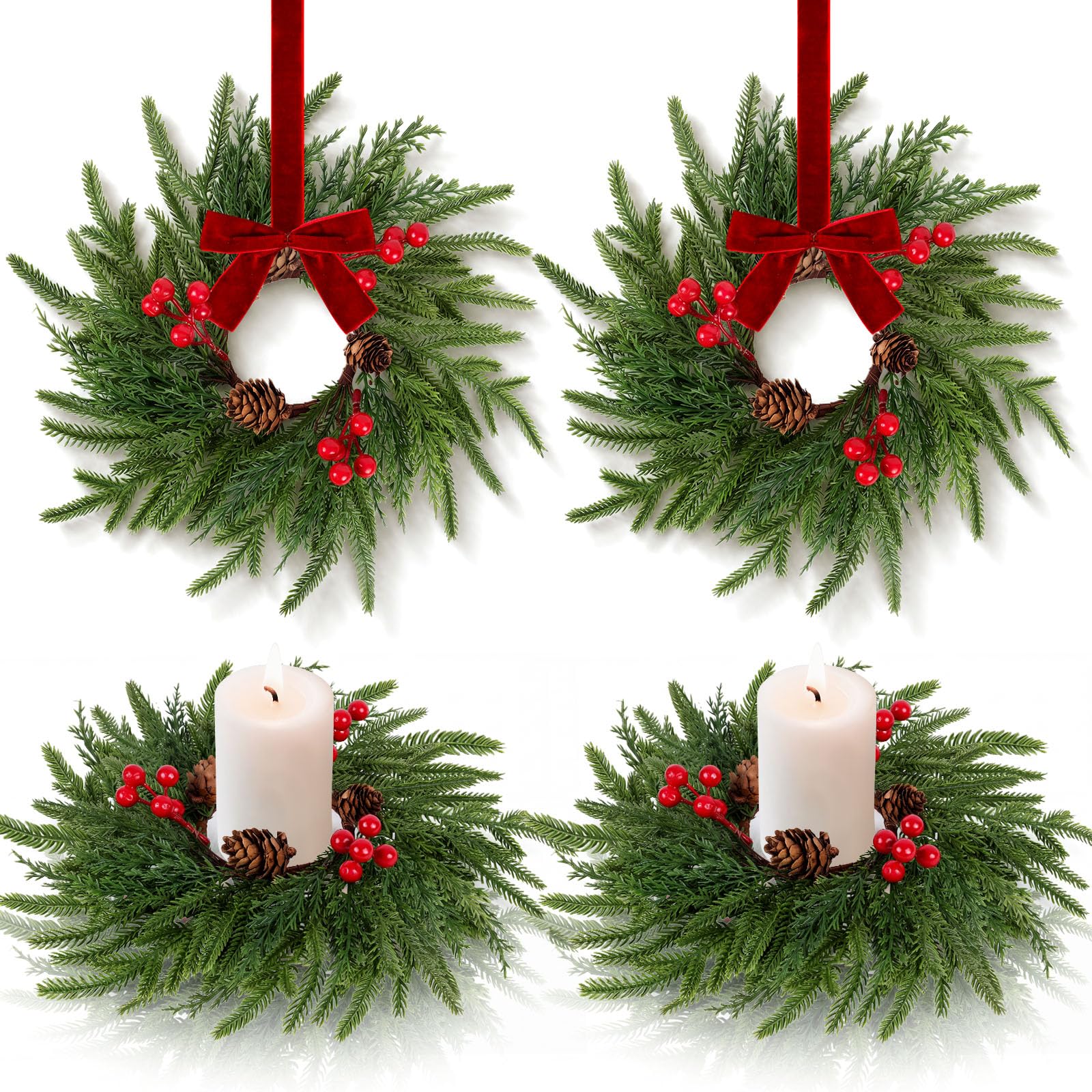 4 Pack Small Christmas Wreath Candle Rings Artificial Pine Branches with Pinecones Red Berries Fake Foliage Pine Needles Picks Candle Rings Holder for Table Centerpiece Home Door Window Chair Wall