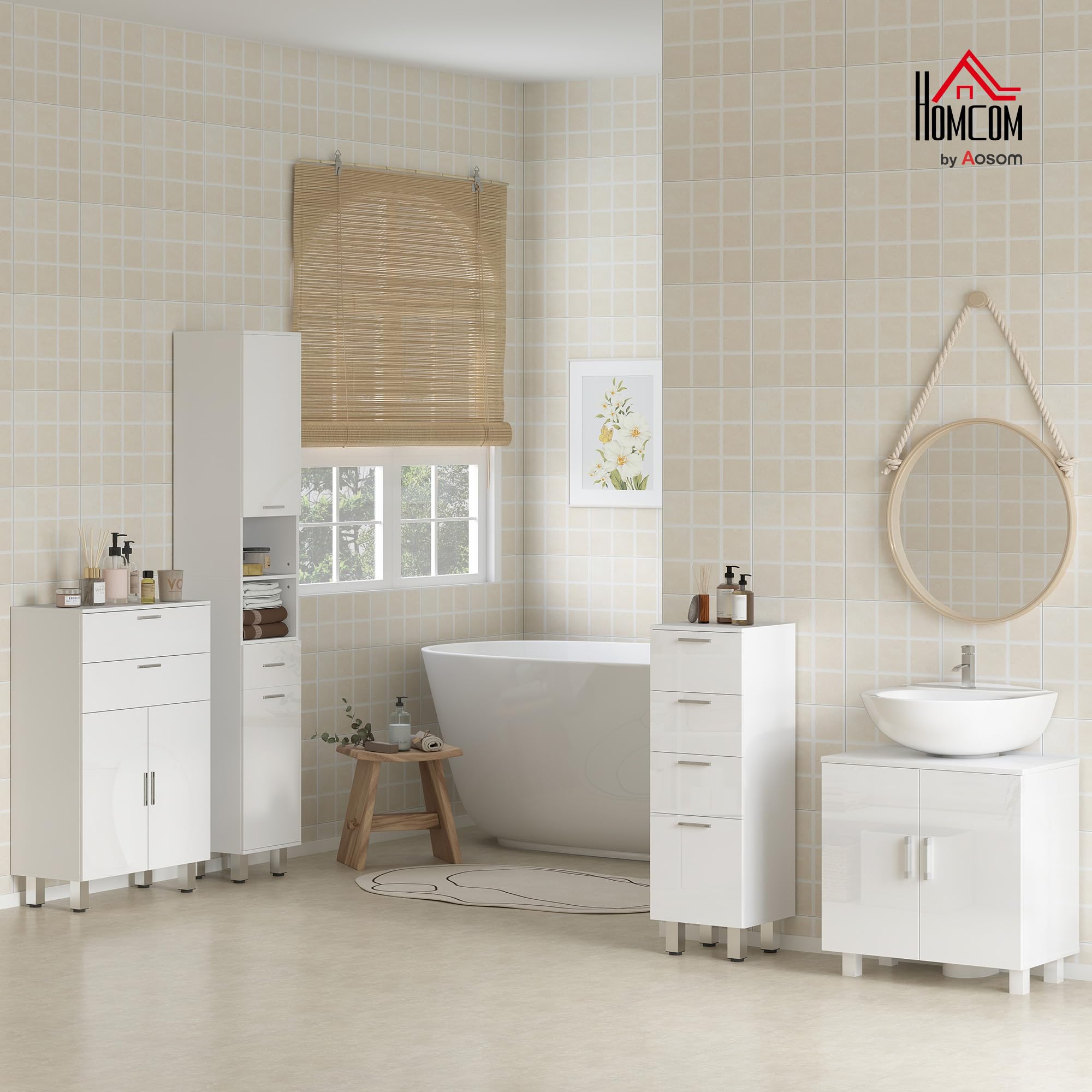 kleankin Armario de Baño Alto, Columna Auxiliar de Baño, con 1 Cajón, 3 Estantes Ajustable, 2 Armarios, para Salón, Dormitorio, 30x30x180 cm, Blanco Brillante