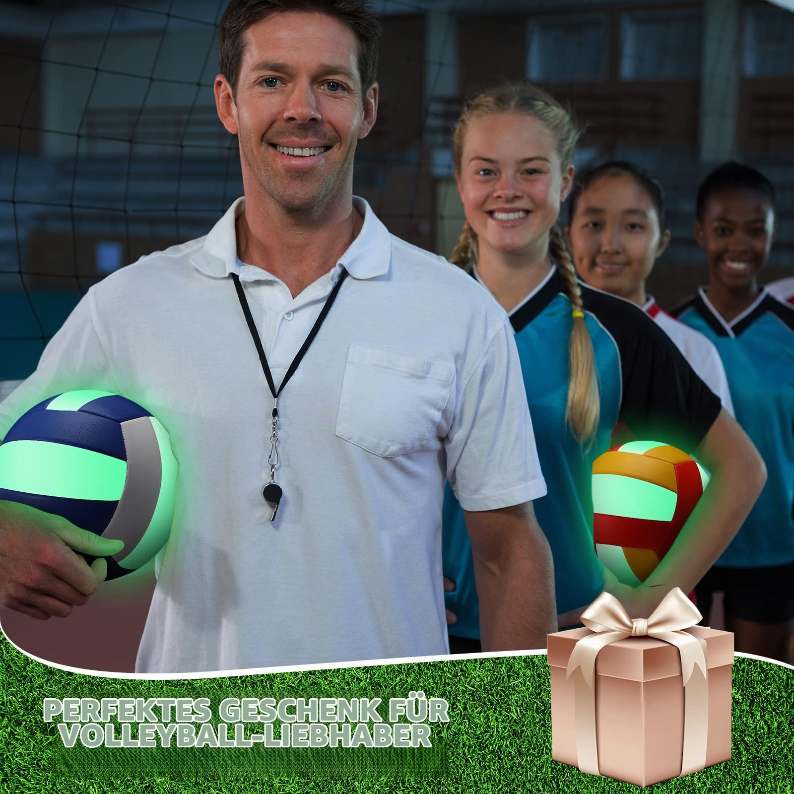 3 Stück Volleybälle, leuchtet im Dunkeln, offizielle Größe 5, mit Pumpe und Netztasche, wasserdicht, weich beleuchtet, Volleyball für Kinder, Jugendliche, Erwachsene, Training, Geschenk