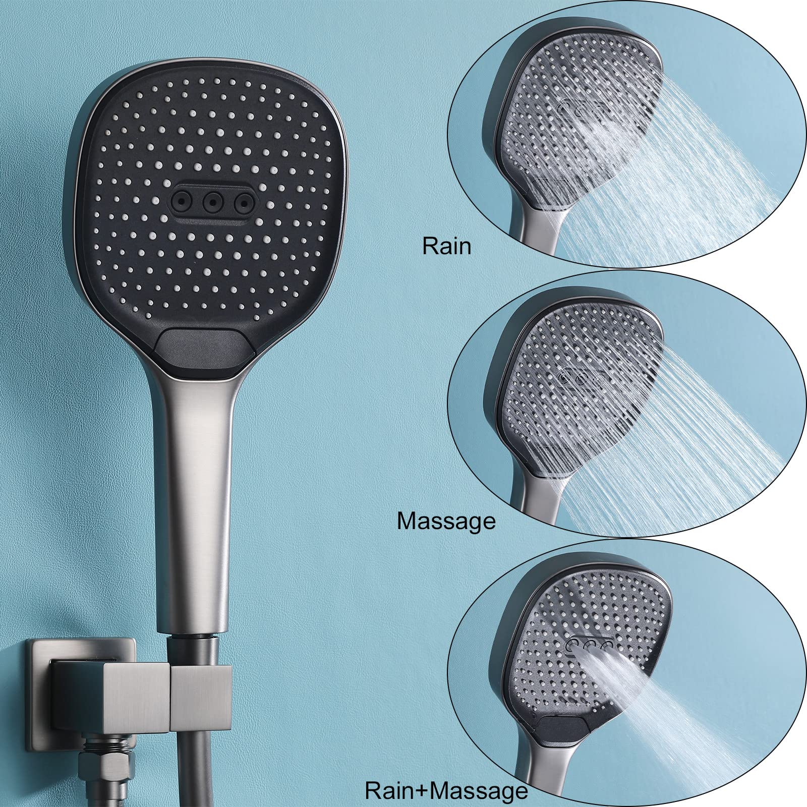 Duschsystem Wasserfall Dusche Wasserhahn Set Grauer Regenmixer Duschkombination Verdeckte Duschkanzlei mit 2 10 Zoll Regen Duschkopf, 3 Handheld -Spray