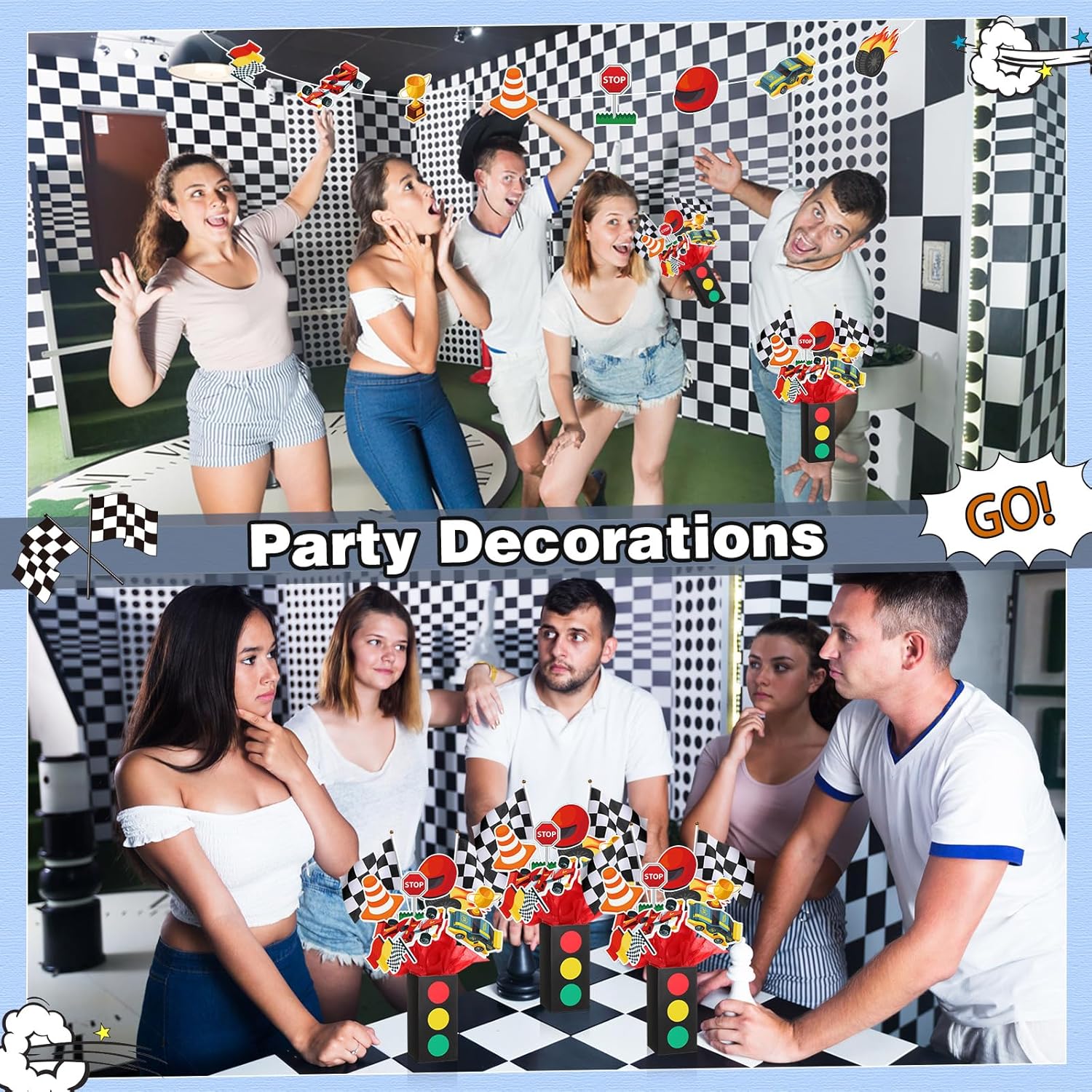12 Sets Race Car Birthday Party Decorations Race Car Centerpieces for Tables with Traffic Boxes Themed Baby Shower Decoration Cutouts Checkered Flags for Birthday Theme Party Supplies