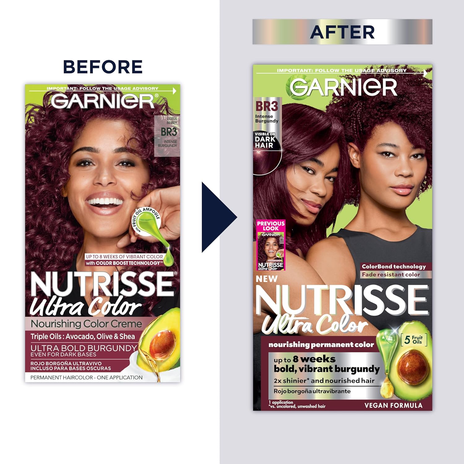 Garnier Hair Color Nutrisse Ultra Color Nourishing Creme, BR3 Intense Burgundy (Lotus Berry) Red Permanent Hair Dye, 1 Count (Packaging May Vary) (Pack of 2)
