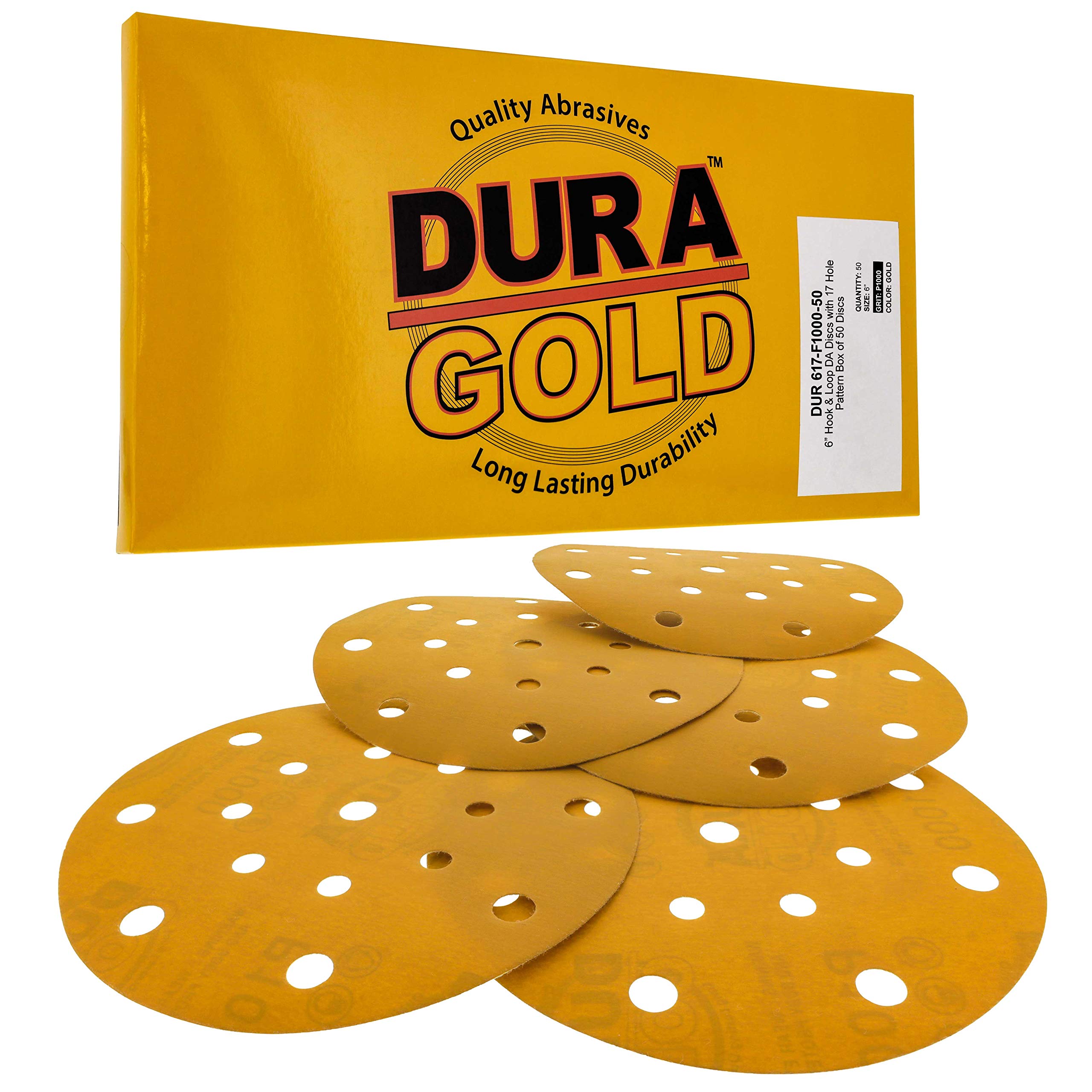 Dura-Gold – Premium – 1000 Grit – 6 discos de lija dorados – 17 agujeros patrón sin polvo gancho y bucle para lijadora DA, caja de 50 discos de papel de lija de acabado para carpintería o automoción