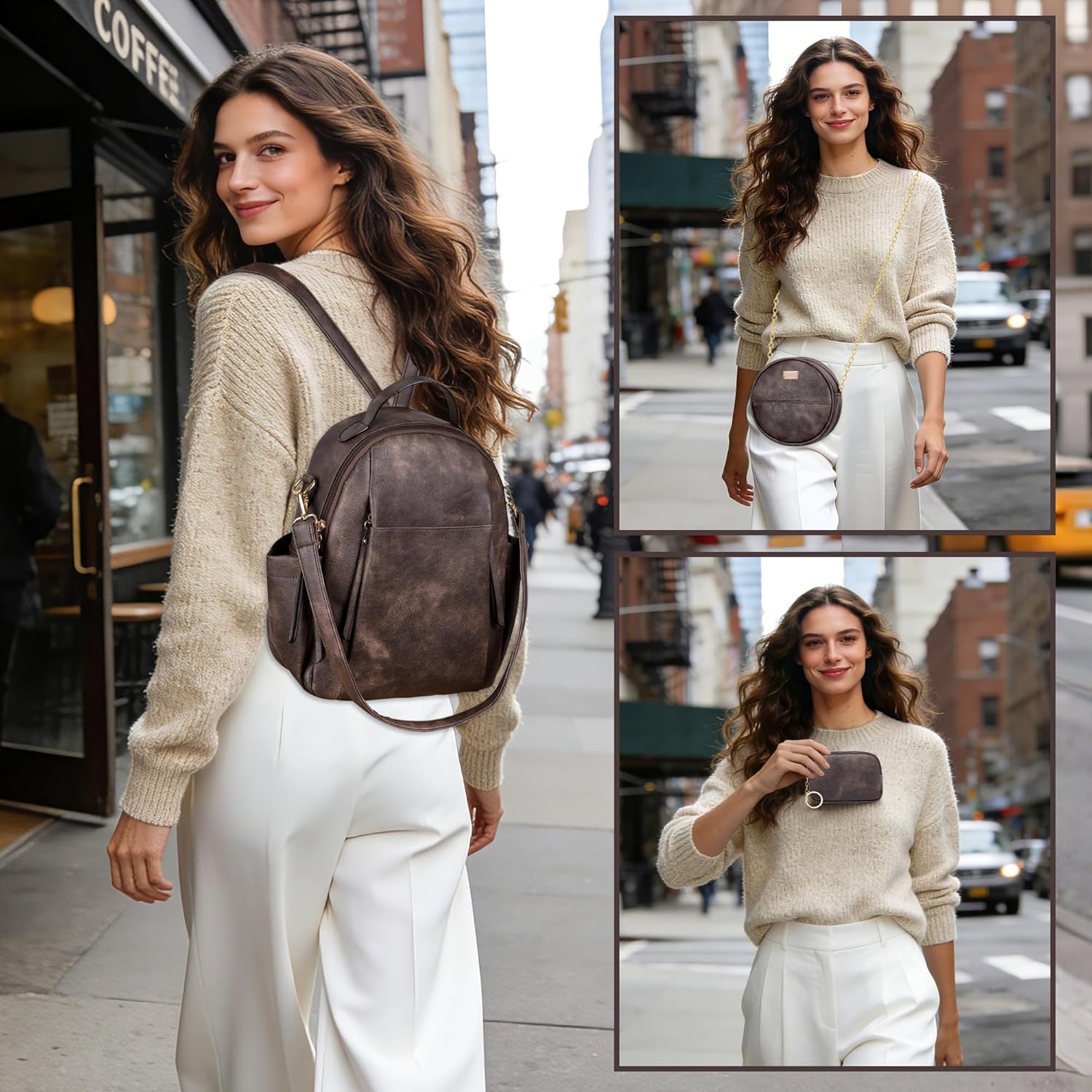 Small Backpack for Women Designer Leather Mini Backpack Purse Ladies Fashion Roomy Shoulder Handbag (Coffe-3)