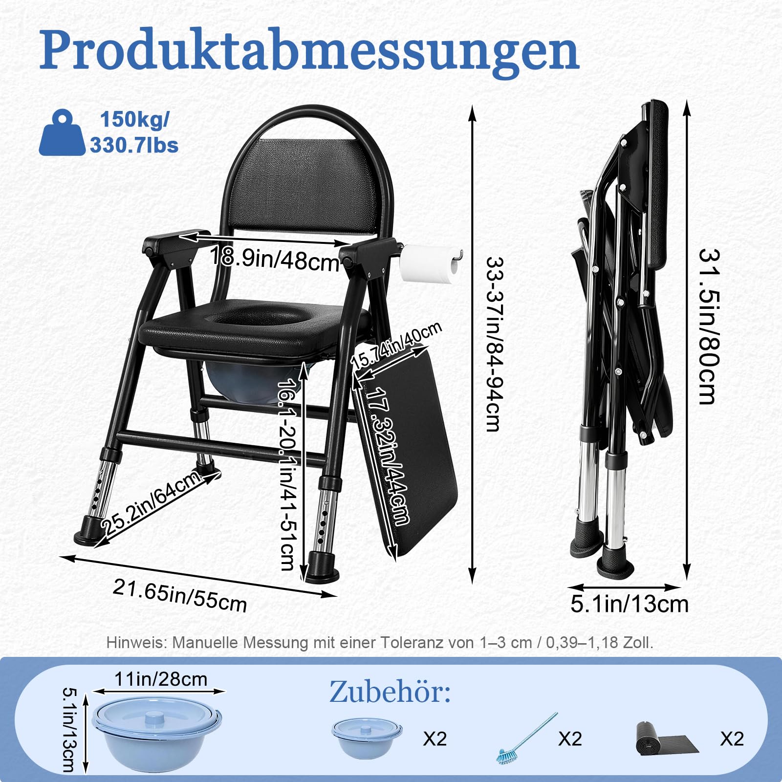 NJUN Toilettenstuhl Klappbar mit Eimer, Kompakter Nachtstuhl für Senioren Höhenverstellbar, WC Stuhl Bett mit Gepolstert für Schlafzimmer Pflege, Stabil Bis 200 kg