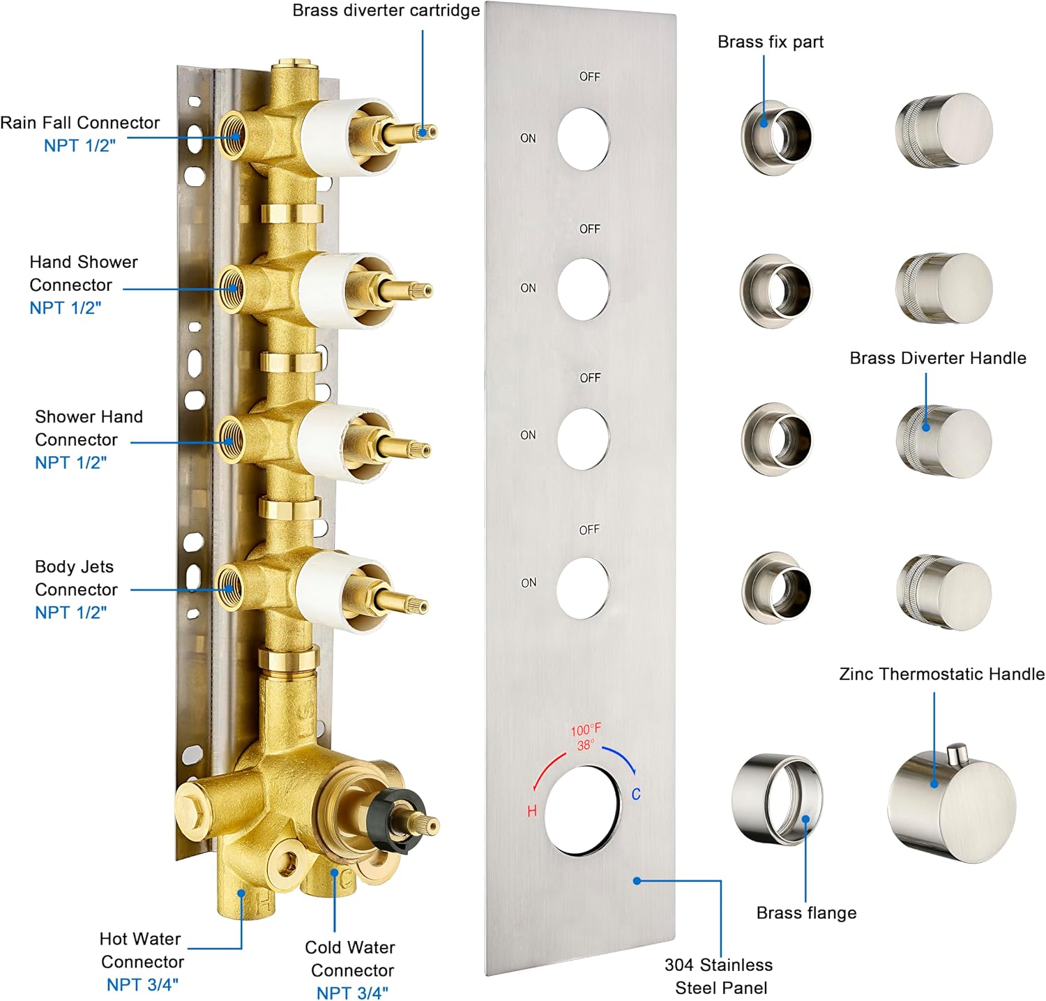 Brass Brushed-Nickel 4-Way Thermostatic Shower Diverter Valve - 4 Function Mixer with Individual On/Off Flow Control for Shower Arm & Kit