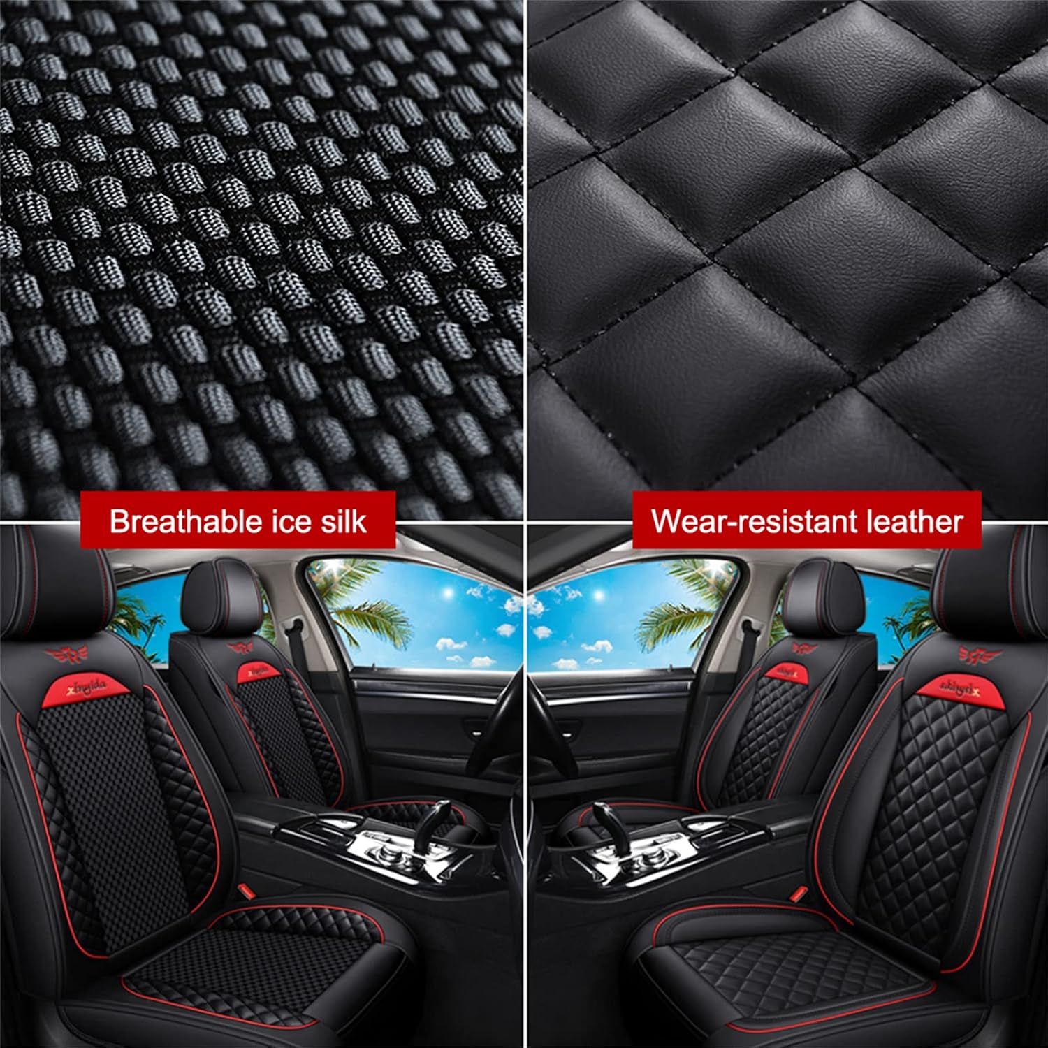 Car Seat Covers Fit for 2012-2015 5-Seats Vehicle, Breathable Ice Silk Cushion Covers Auto Interior Accessories Airbag Compatible Standard Black Blue