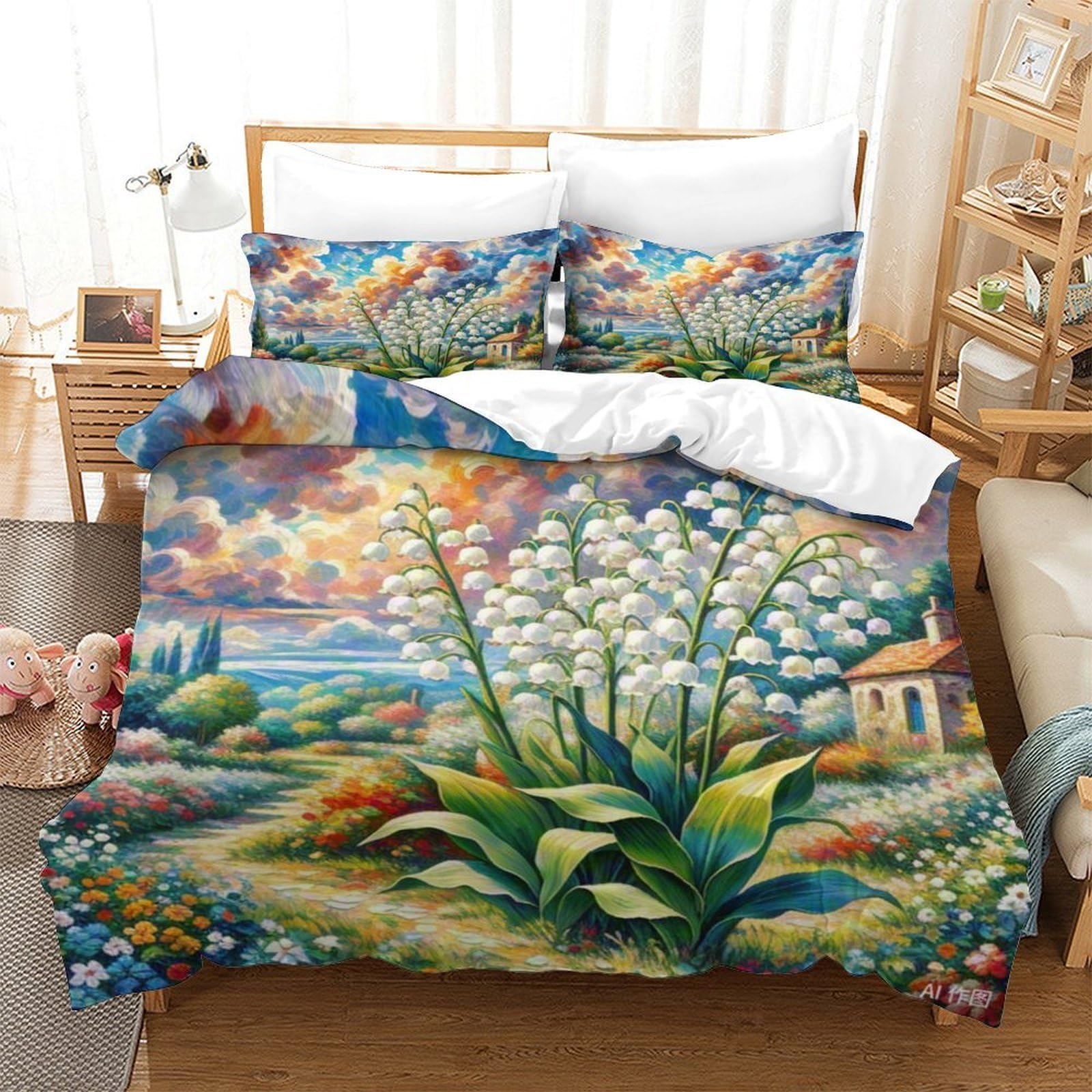 Housse de couette 140x200cm Lily de la vallée avec taie d'oreiller lit