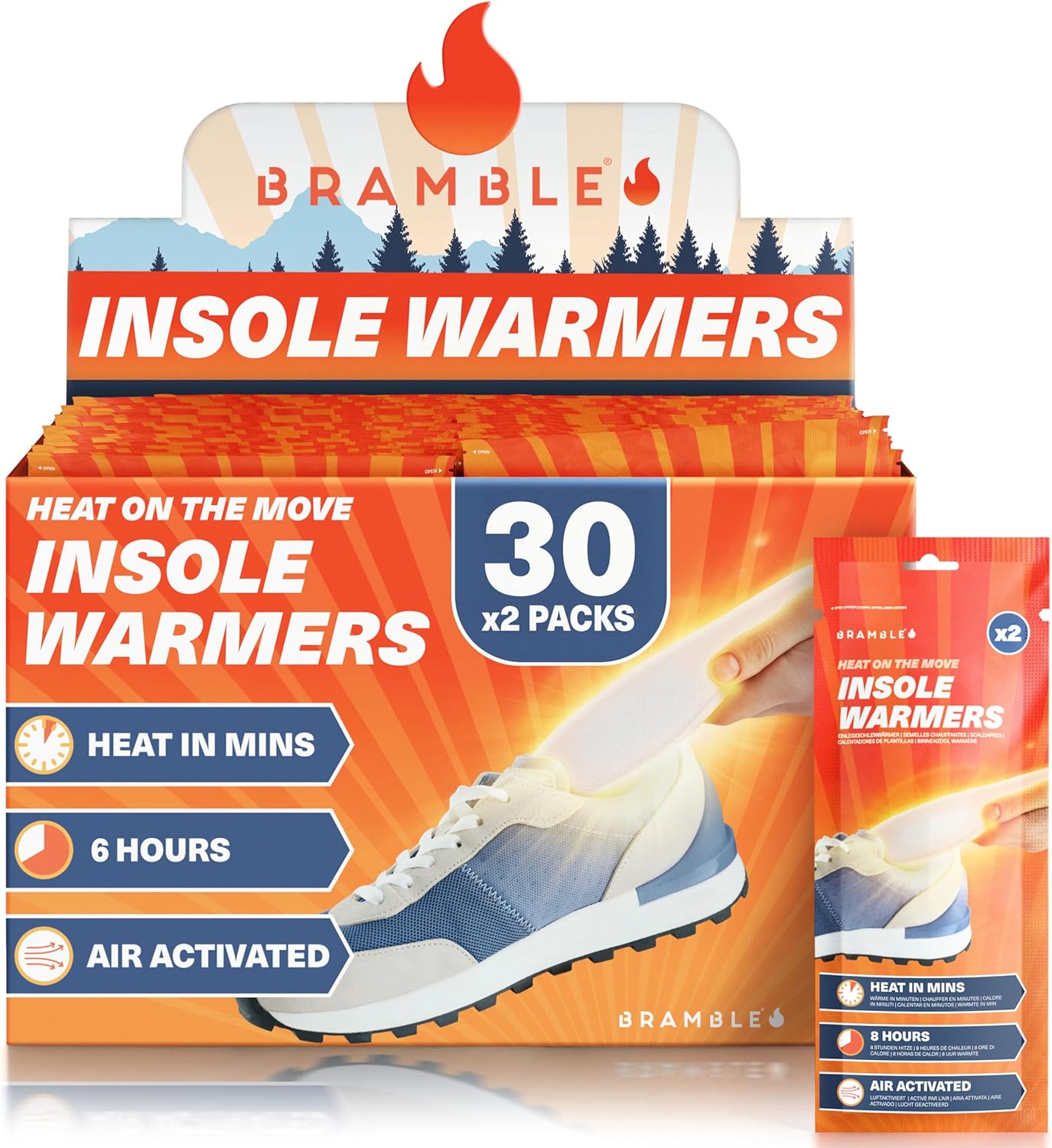 Bramble Insole Foot Warmers for Feet 5/15/30 Pair - Up to 10 Hours of Heat, All-Natural Odorless Air-Activated Warmers