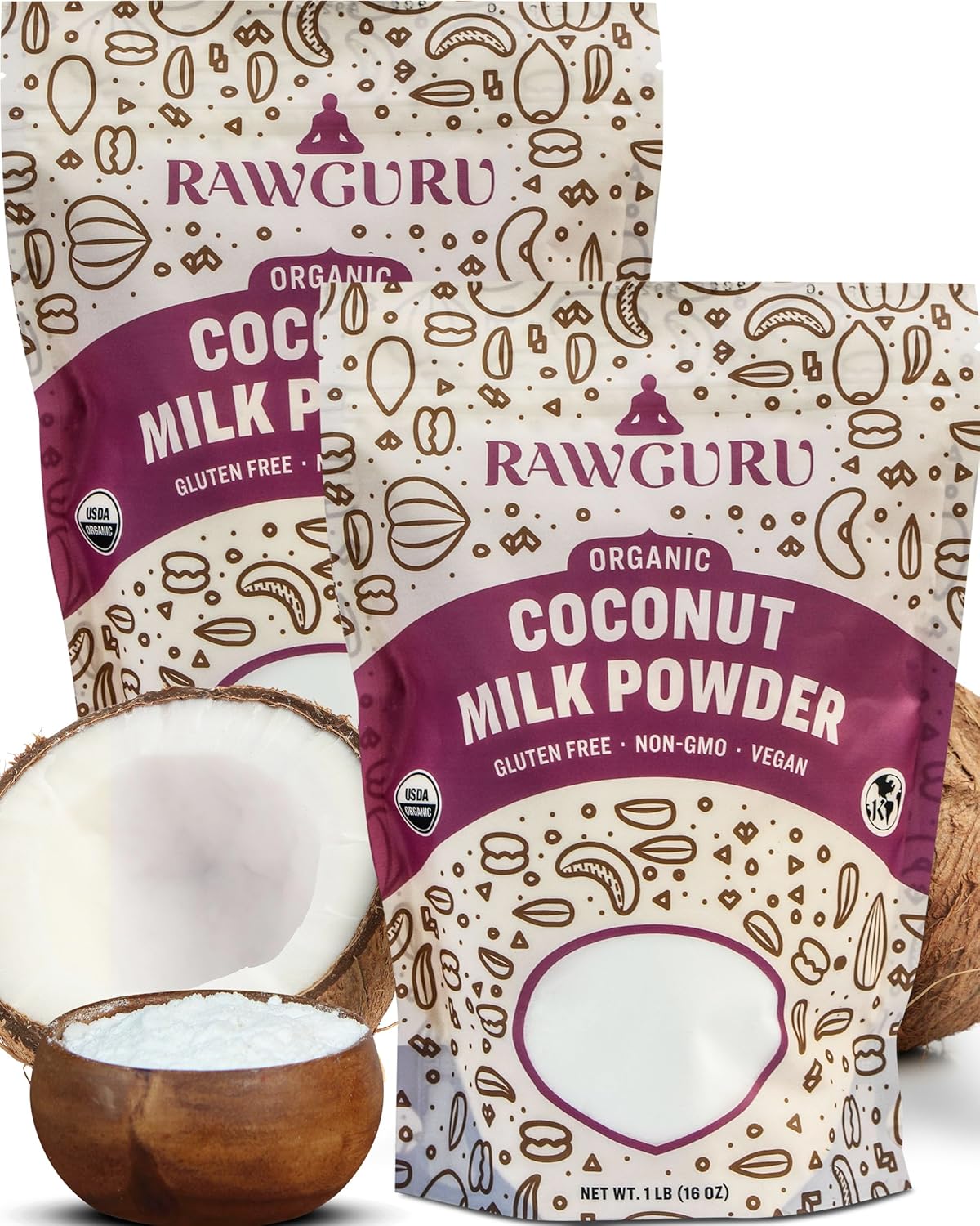 RawGuru Organic Coconut Milk Powder - Vegan & Nutrient-Dense Powder with Iron & Potassium - Rich & Creamy Organic Milk for Drinking or Baking - 16 oz, Pack of 2