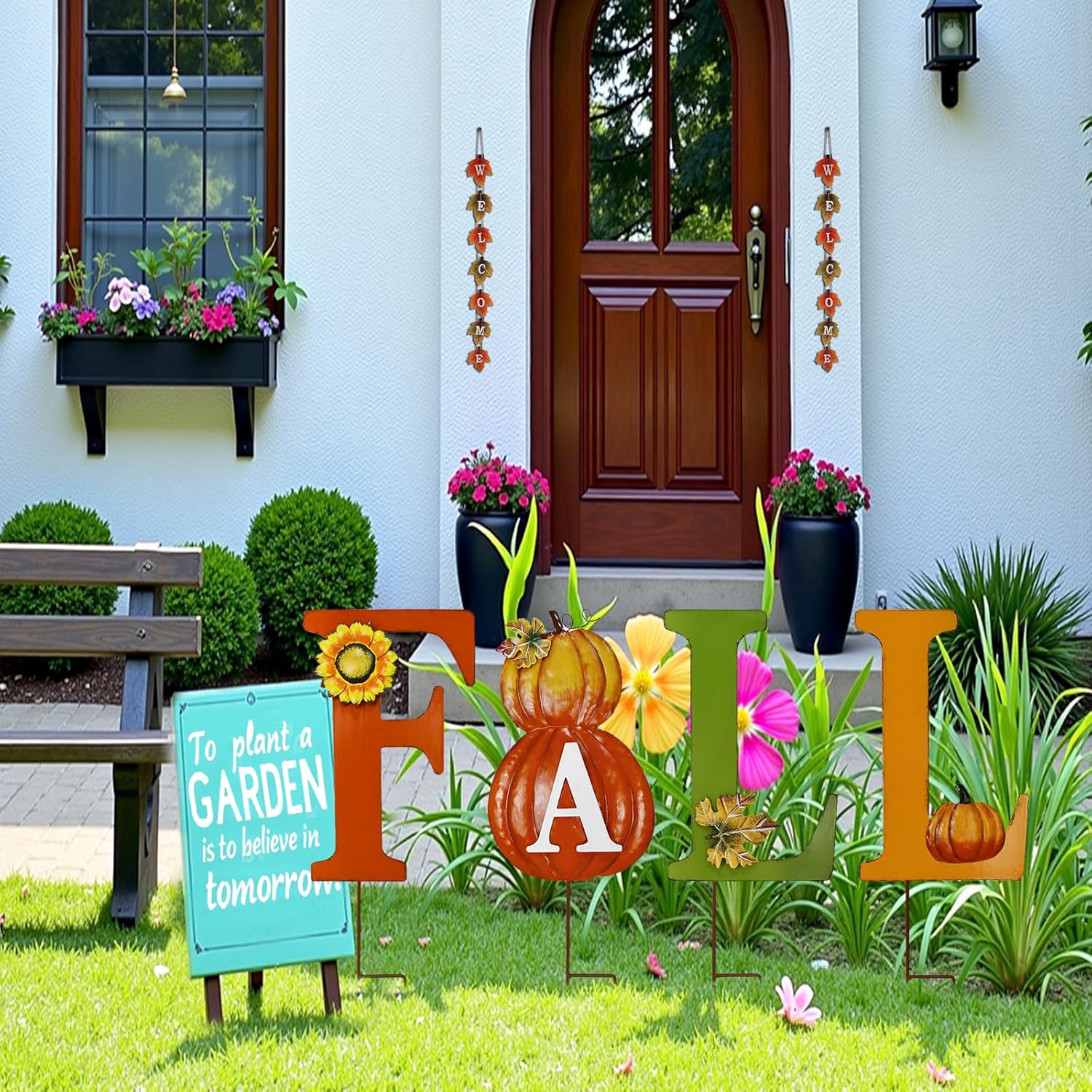 Fall Garden Stake Metal Letter Yard Sign Hanging Fall Signs Sunflower Pumpkin Decorative Outdoor Art Stakes for Autumn Harvest Thanksgiving Halloween Patio Lawn Decor