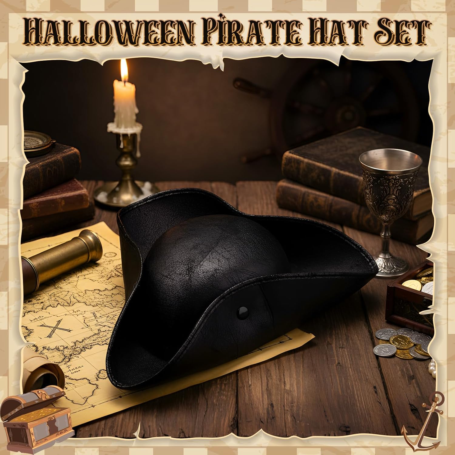 Pirate Hat Faux Leather Colonial Tricorn Hat for Adult Mardi Gras Costume Renaissance Carnival Dressed Accessories - Image 5