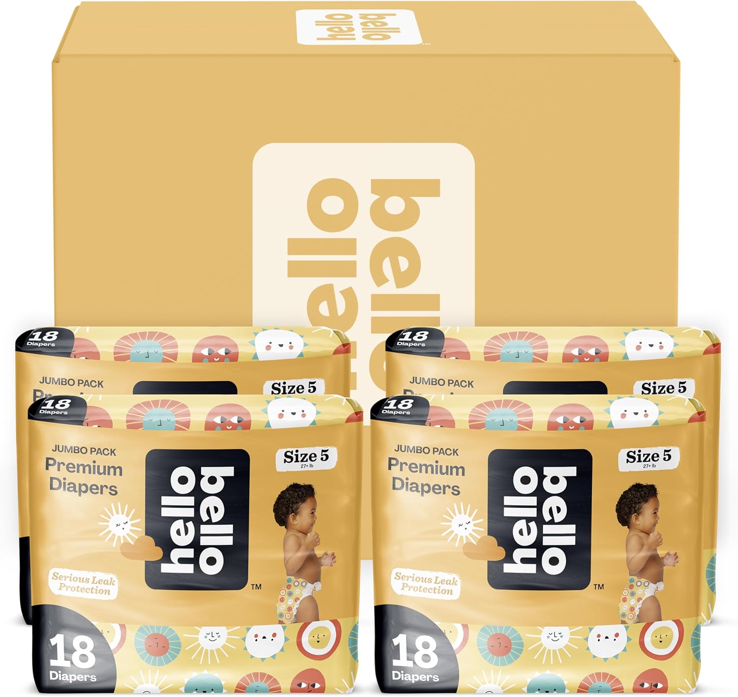 Hello Bello Premium Diapers Size 5 I 18 Count (Pack of 4) Disposable, Extra-Absorbent, Hypoallergenic, and Eco-Friendly Baby Diapers with Snug and Comfort Fit I SunnySide Up Pattern Value Pack (72 CT)