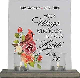 LifeSong Milestones Personalized Memorial Funeral Candle Holder Holder Loss of Loved Ones 8â€x10â€ Acrylic Bereavement Sign with Wood Base - Cardinal and Floral Designs (Your Wings)
