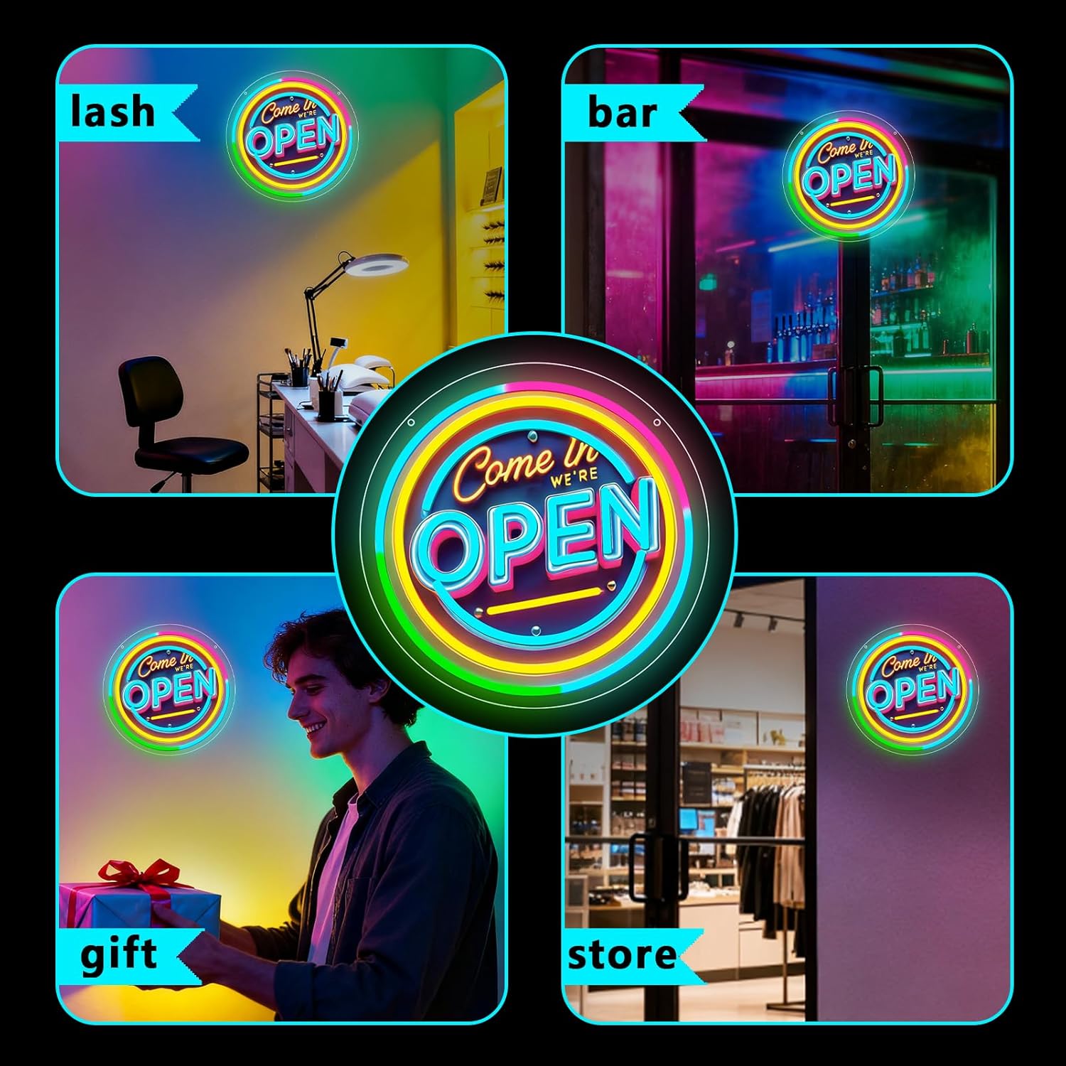 Neon Open Sign for Business, 13 * 13'' Colorful Adjustable Brightness Come in We’re Open Sign for Business Walls Window Party Bar Salon Shop Hotel - Image 3