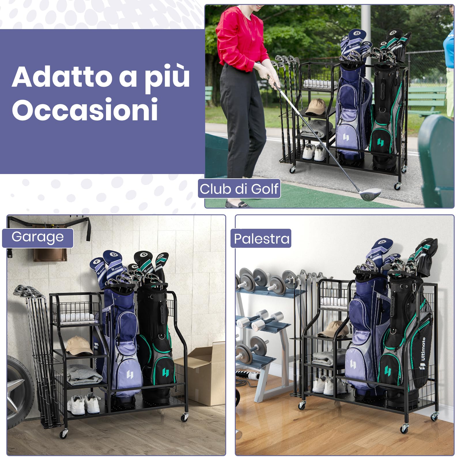 GYMAX Organizzatore per Borsa da Golf, Stand per Borse da Golf con Ripiano a 3 Livelli, Cestino Superiore, Organizzatore per 14 Mazze, 2 Ganci per Asciugamani Rimovibili e 4 Ganci Laterali