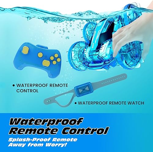 Miniatura 3 de Tecnock Coche de control remoto anfibio, 4WD Gesture RC Cars con control remoto impermeable, auto de acrobacias a control remoto con luces LED,