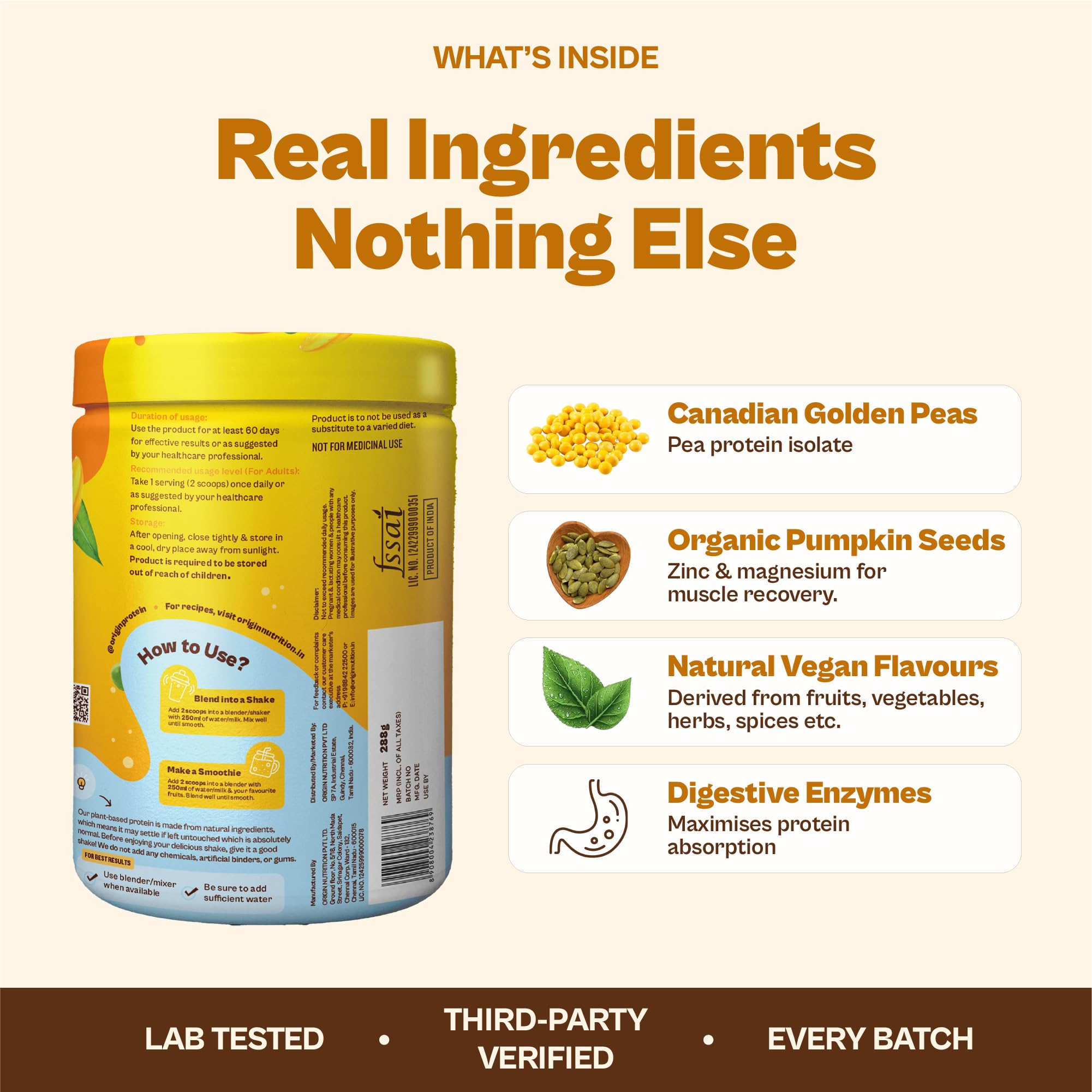 Origin Nutrition Vegan Plant Protein Powder, Mango Mania Flavour with 25g per serve Plant-Based Protein, Gluten Free, Soy Free, Dairy Free, No Added Sugar, Soy Free, Non - GMO, 7 Servings, 288g — Amazon image 5