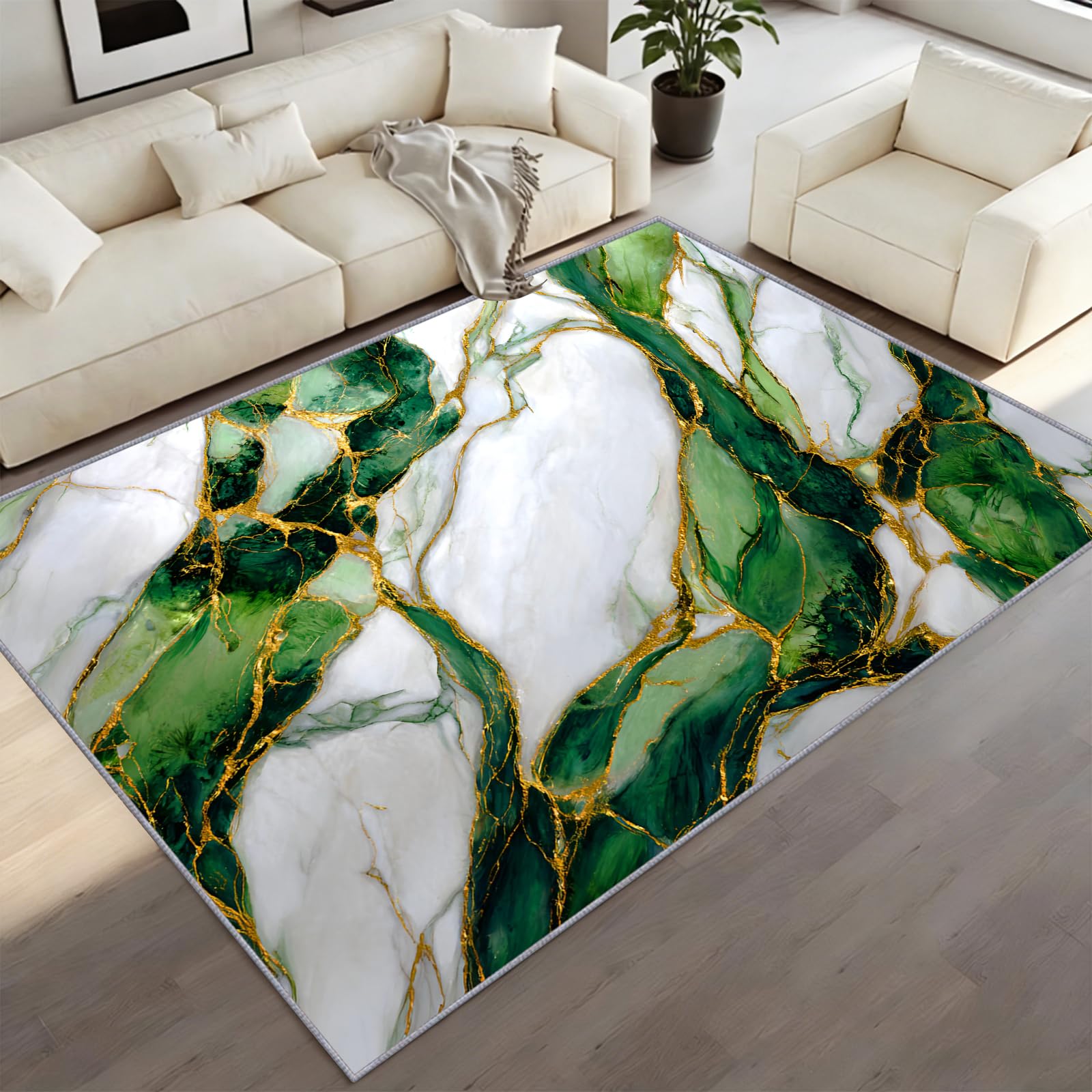 CAQDUEP Emerald Marble Area Rug 150x240cm Abstract Marble Rug For Living Room, Luxury Cracked Texture Rugs, Modern Minimalist Rugs Washable Carpet For Bedroom