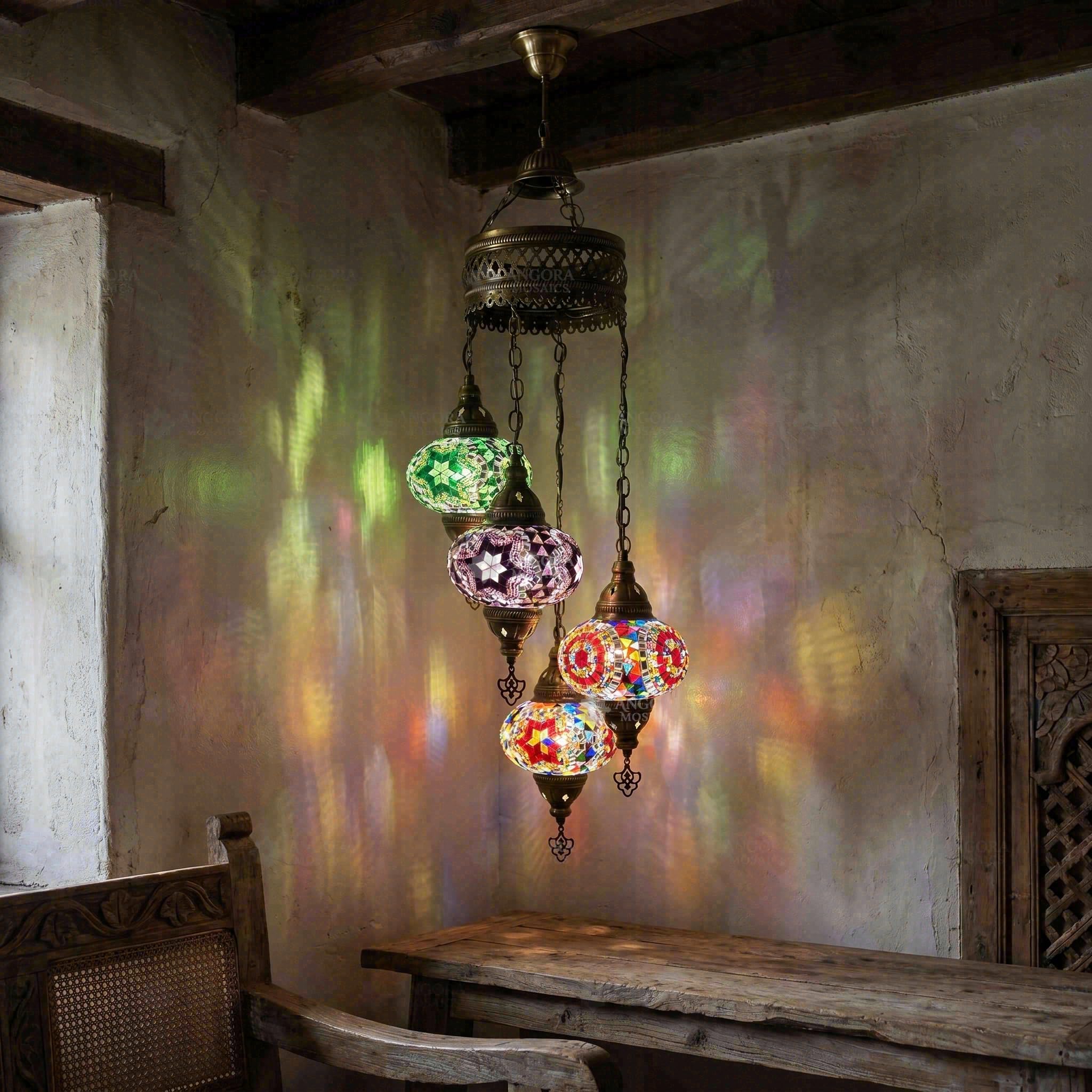 ENVA Multicolor Turkish Mosaic Chandelier - Hanging Mosaic Glass Lamp - 4 Globe Boho Pendant Light - Moroccan Ceiling Fixture