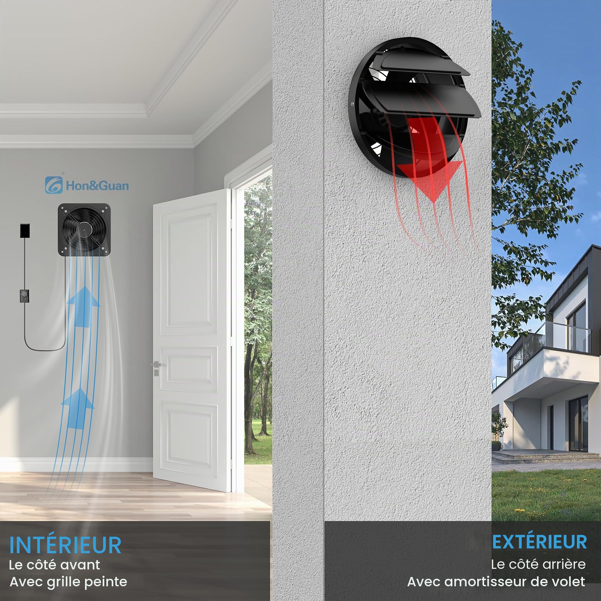 Hon&Guan Ventilateur d'extraction d'air 250mm avec Régulateur de Vitesse, Ventilateur de Salle de Bain, en Métal avec Clapet Anti-retour pour Garage Entrepôt Grenier Atelier