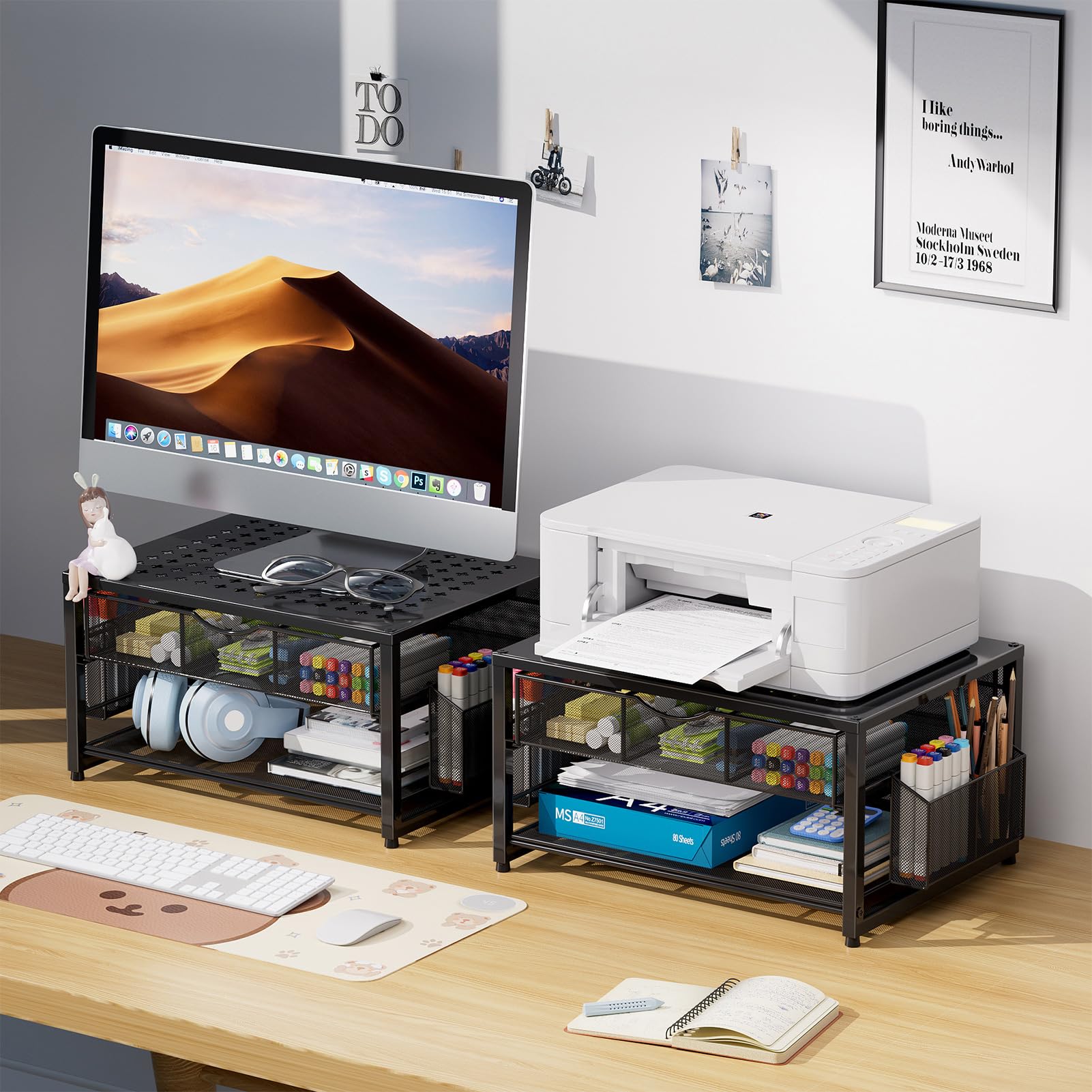 Soporte de impresora de metal para escritorio con cajón de almacenamiento y 2 soportes para bolígrafos, organizador de escritorio de 2 niveles para oficina en casa, organizador de escritorio 4