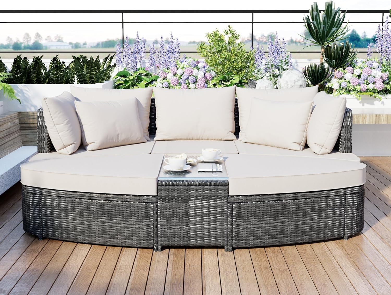 6 Piece Patio Outdoor Conversation Round Sofa Set, PE Wicker Rattan Separate Seating Group with Coffee Table, for Balcony, Poolside, Lawn, Garden, Beige