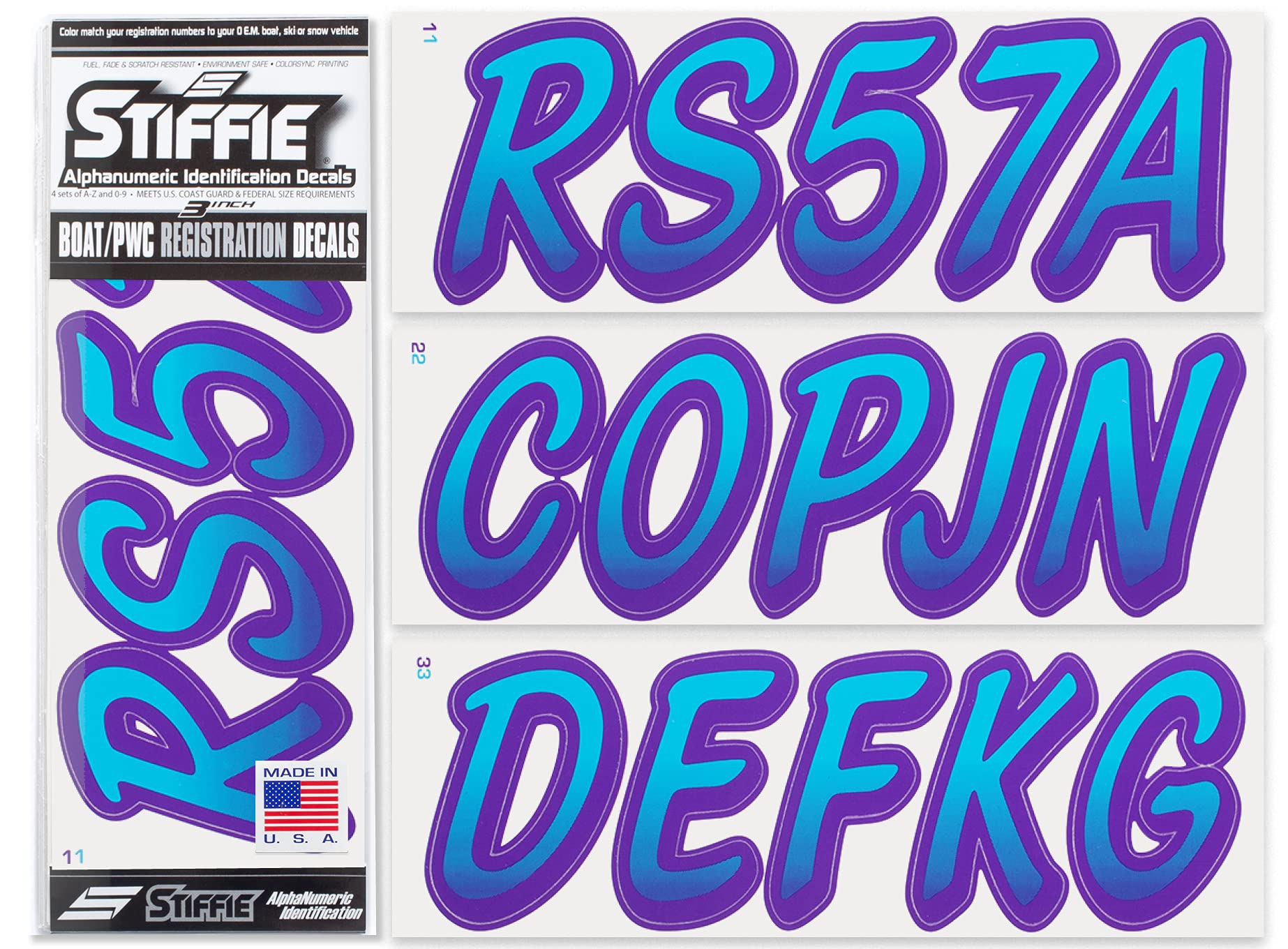 STIFFIE Whipline Sky Blue/Purple 3" Boat &amp; PWC Registration Decals • Numbers Letters Stickers
