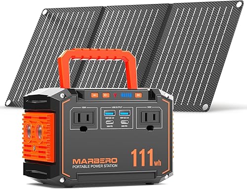 MARBERO Generador solar de pico de 150 W con panel solar de 30 W, estación de energía portátil de 111 Wh, banco de energía de 110 V con salida de CA