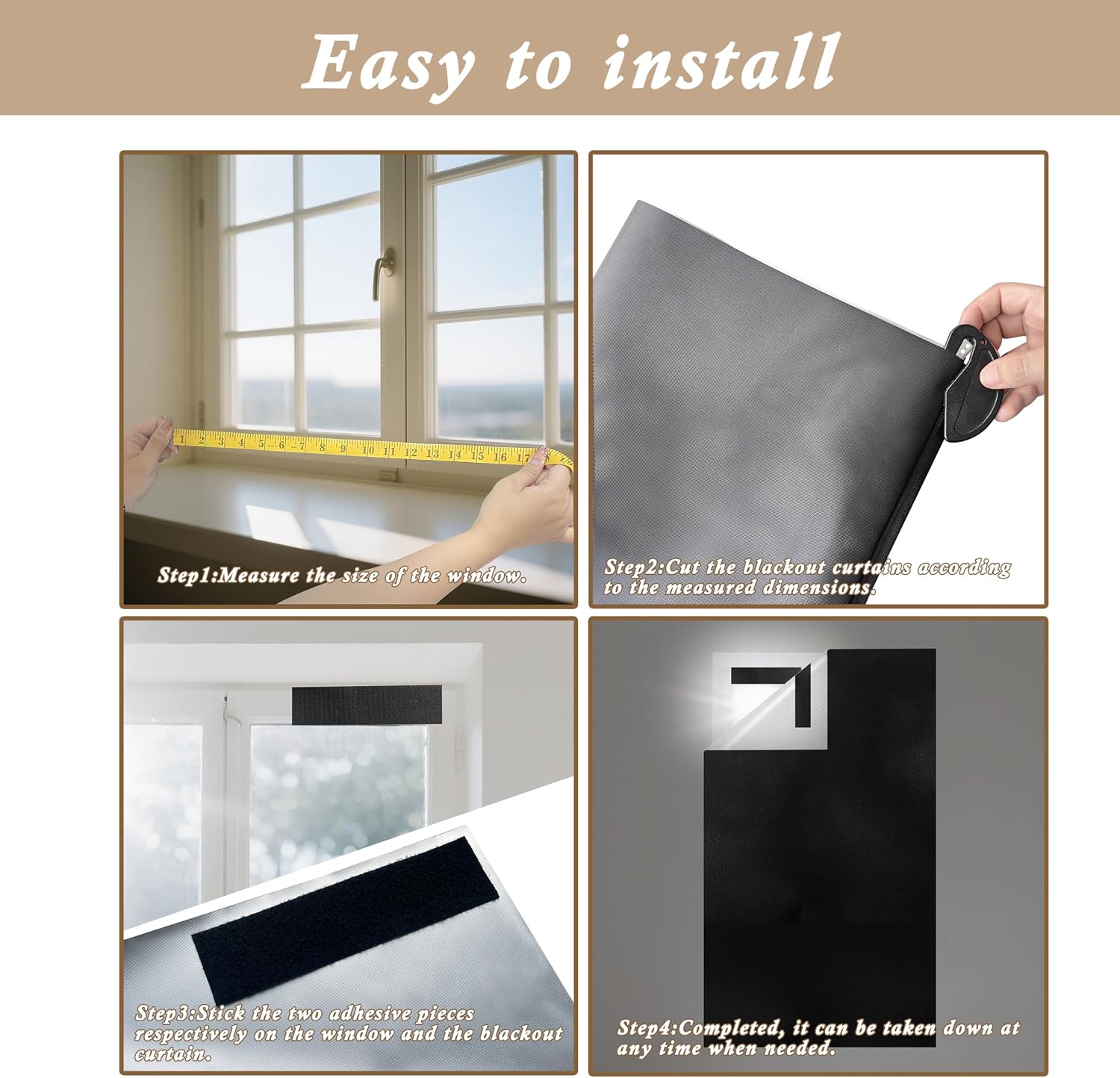 Blackout Blinds Shade,100% Blackout Material Curtains with Stickers,Portable Install for Bedroom,Travel, Dorm Room Window Shades No Drill（1P 118"x 57"+1P 40 x 57）