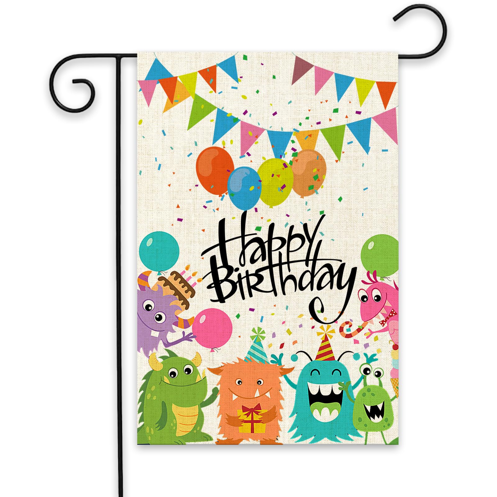 ShuanQ Happy Birthday Garden Flag,Kids Boys Girls Birthday Party Decoration Yard Banner,Burlap Flag Double Sided,18x12.5 in (Monsters)