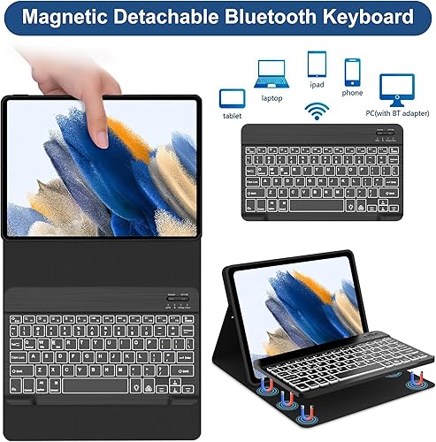 Vista 26 de Funda de teclado para Samsung Galaxy Tab A8 de 10.5 pulgadas 2022, 7 colores retroiluminados y teclado Bluetooth desmontable magnético, funda