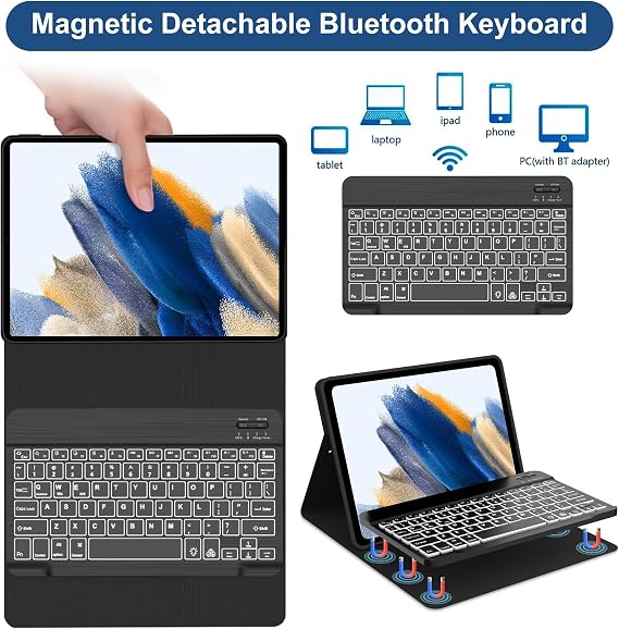 Keyboard Case for Samsung Galaxy Tab A8 10.5 inch 2022, 7 Colors Backlit & Magnetic Detachable Bluetooth Keyboard, Slim Soft Folio Tablet Cover Case for Tab A8 SM-X200/X205/X207, Auto Sleep/Wake Up