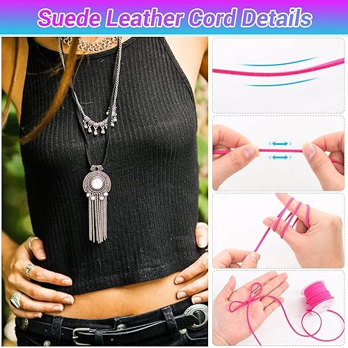 Miniatura 4 de Cridoz - Cordón de cuero sintético de gamuza, 25 rollos planos para fabricación de joyas, tiras de cuero y cordones para suministros de