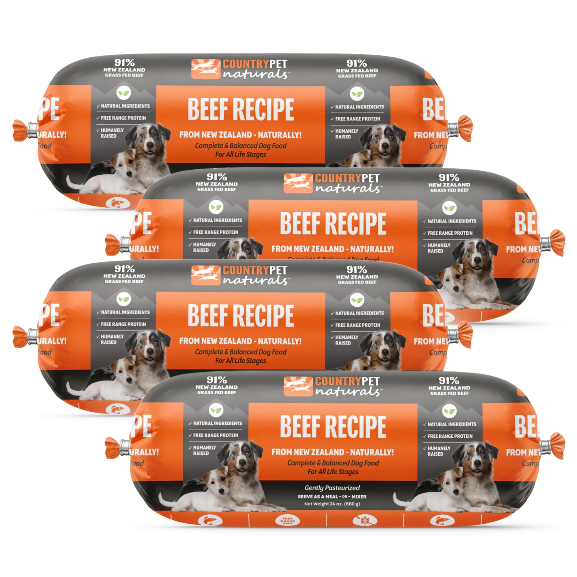 New Zealand Beef Frozen Fresh Dog Food, High-Protein 91% Grass-Fed Free-Range Meat, Gently Cooked, Grain-Free, Omega-3s, 4-Pack (6 lb)