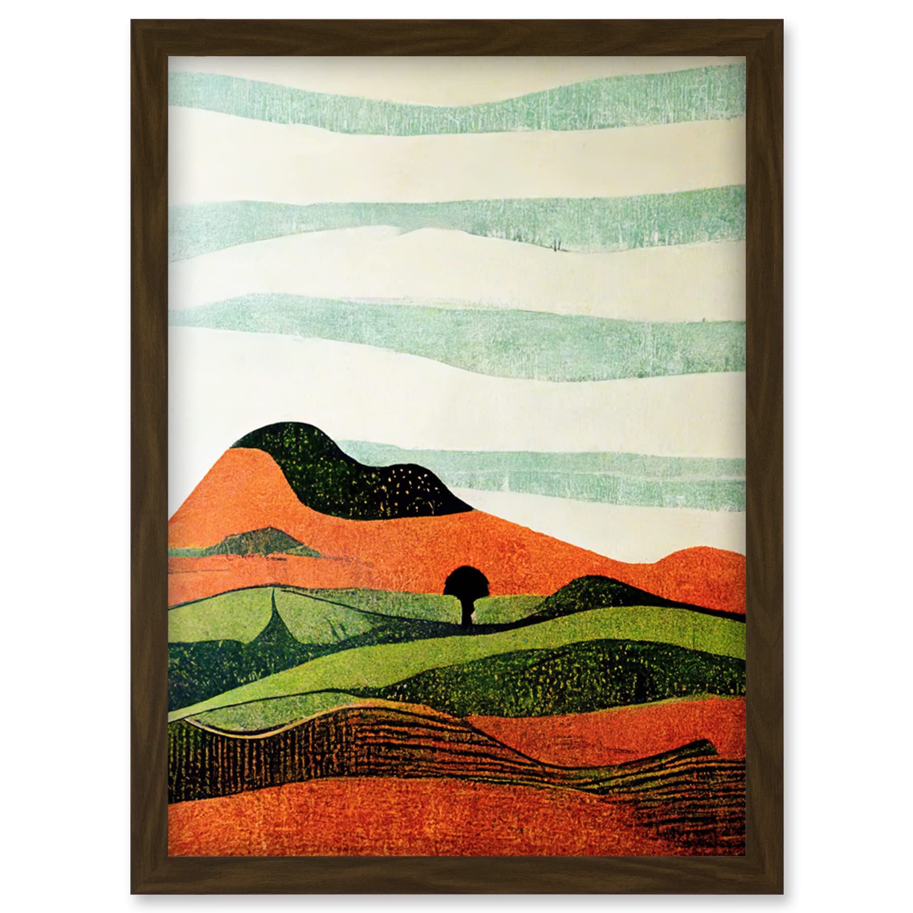 Doppelganger33 LTD Abstract Eclectic Tangerine And Olive Nature Landscape Linocut Illustration Artwork Framed Wall Art Print A4