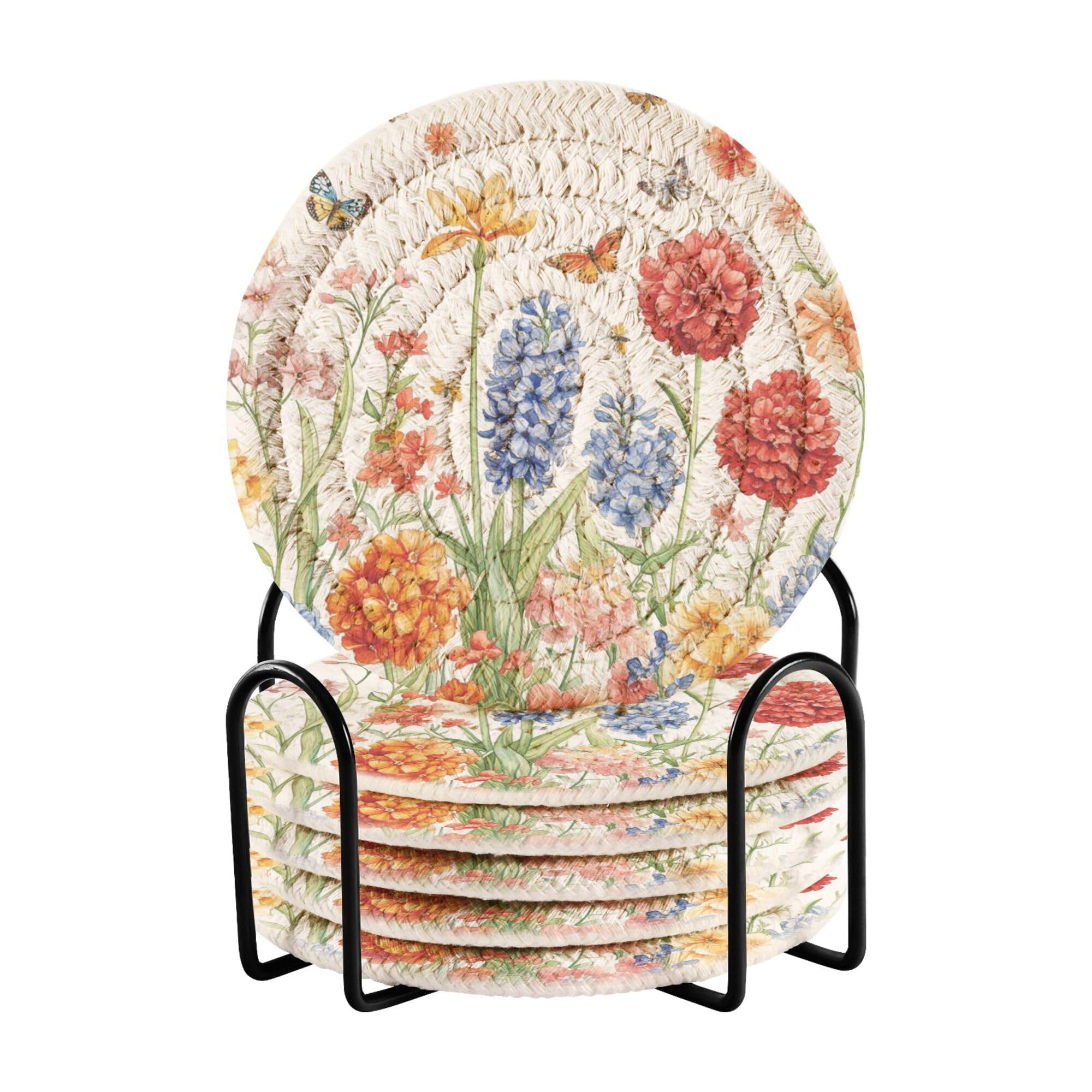 Smazdfxx Women's As Pic Florals Hyacinths Carnation Butterflies White Cotton Rope Drink Coasters Set And Holder Set Of 6 Table Cup Coasters