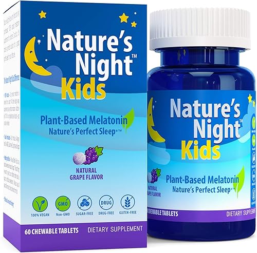 Nature's Night Kids Melatonina a base de plantas de 1 mg | Sabor natural a uva | 60 tabletas masticables | Sin gluten | Sin OMG | Sin drogas |