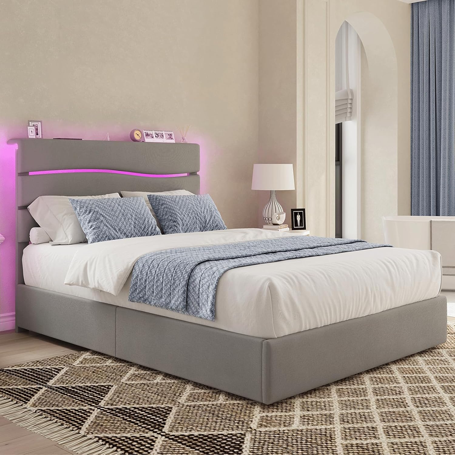Queen Bed Frame with Fabric Upholstered Headboard and Wooden Slats Support, Queen Size Platform Bed Frame Built in Charging Station & LED, No Box Spring Needed, Easy Assembly, Grey