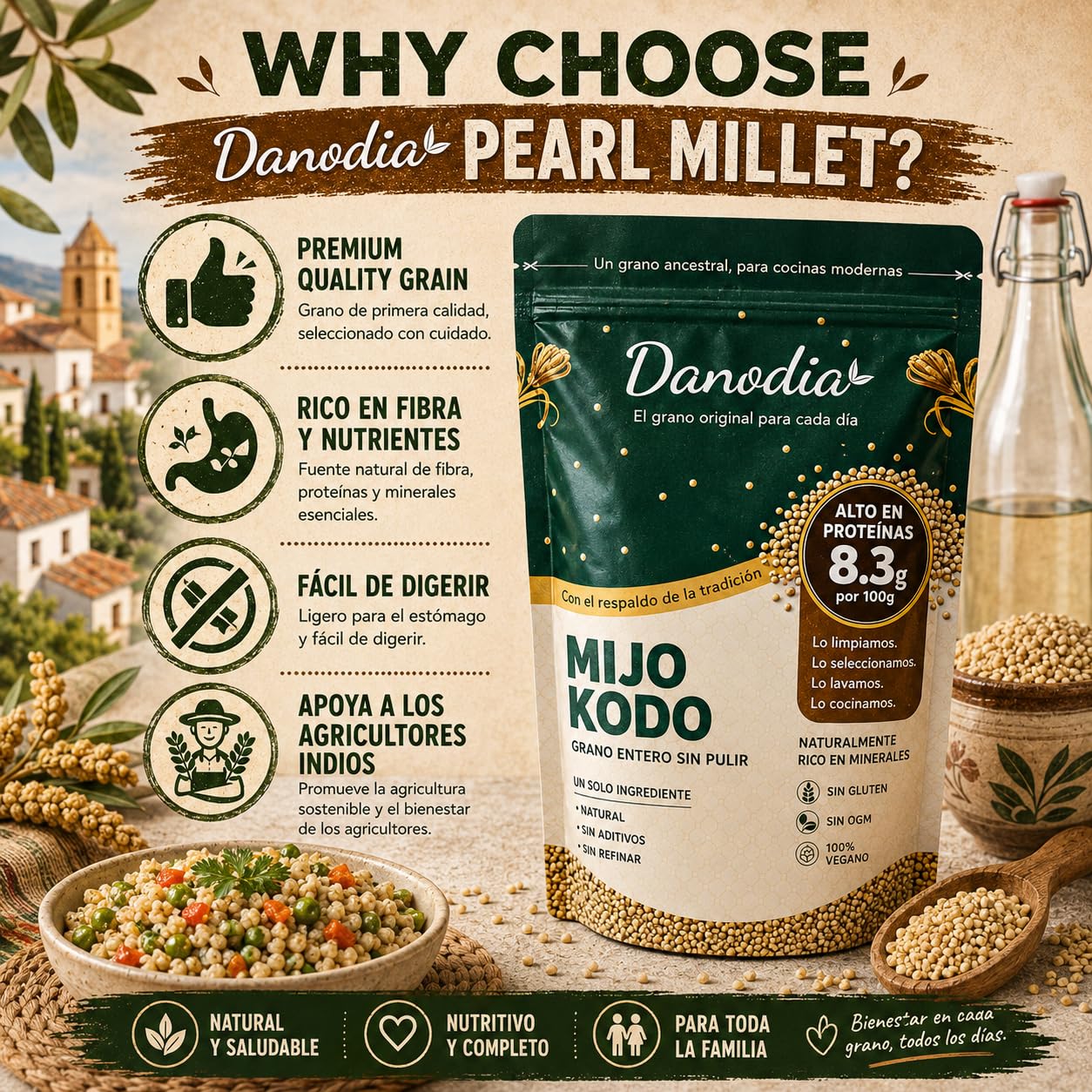 Danodia Foods Mijo Perla Pearl Millet Integral No Pulido 950 g / 2 lb, Cereal de Grano Entero Sin Gluten, Alto en Fibra 8,5 g por 100 g, No OGM, Vegano