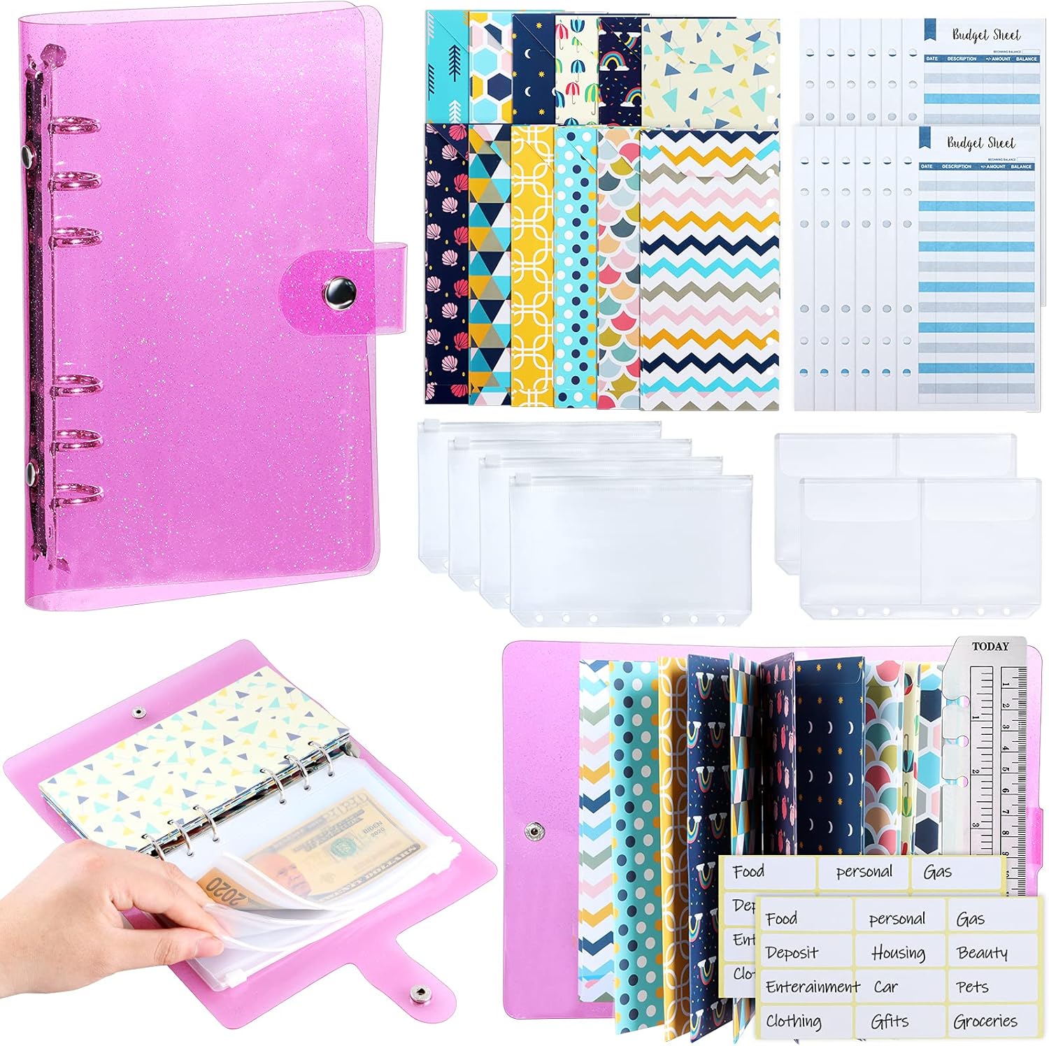 34 Pcs Budget Organizer Binder Cash Envelope System, 12 Pcs Budget Money Envelopes, 12 Expense Budget Sheets, 4 A6 PVC Bags, 2 A6 Storage Bags, 24 Labels, 1 Pack Ruler for Money Planner,Pink-Gold : Office Products