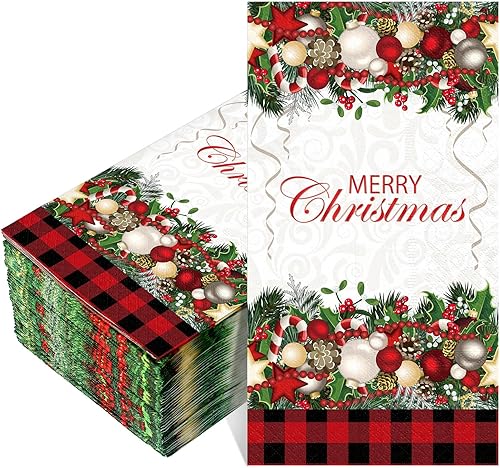 Miniatura 7 de Cholemy 200 servilletas de Navidad de 2 capas desechables de papel de árbol de Navidad, búfalo a cuadros, diseño de bola de Navidad, servilletas de