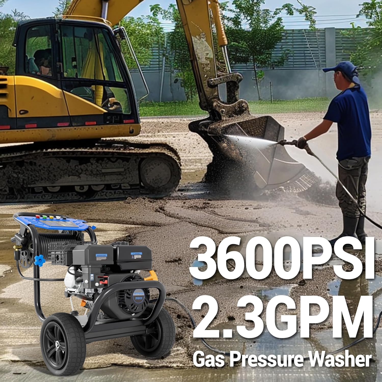 Gas Pressure Washer, 3600 PSI 2.3GPM Gas Powered Pressure Washer 212CC 4-Stroke OHV Engine, 30ft Hose&Reel 5 Nozzles Commercial High Pressure Washer for Cars Fences Driveways Patios Furniture