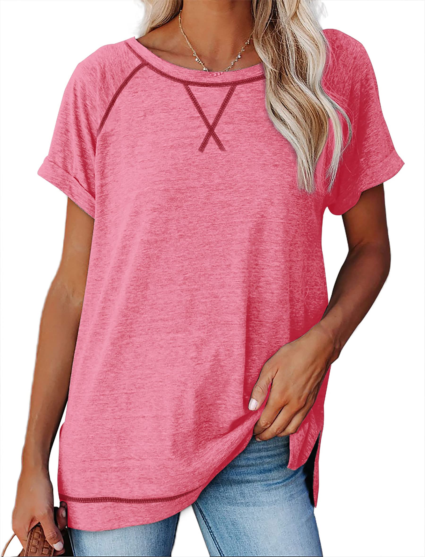 AokosorSummer Tops for Women Loose Simple Tees Casual Lightweight Shirts Pink M