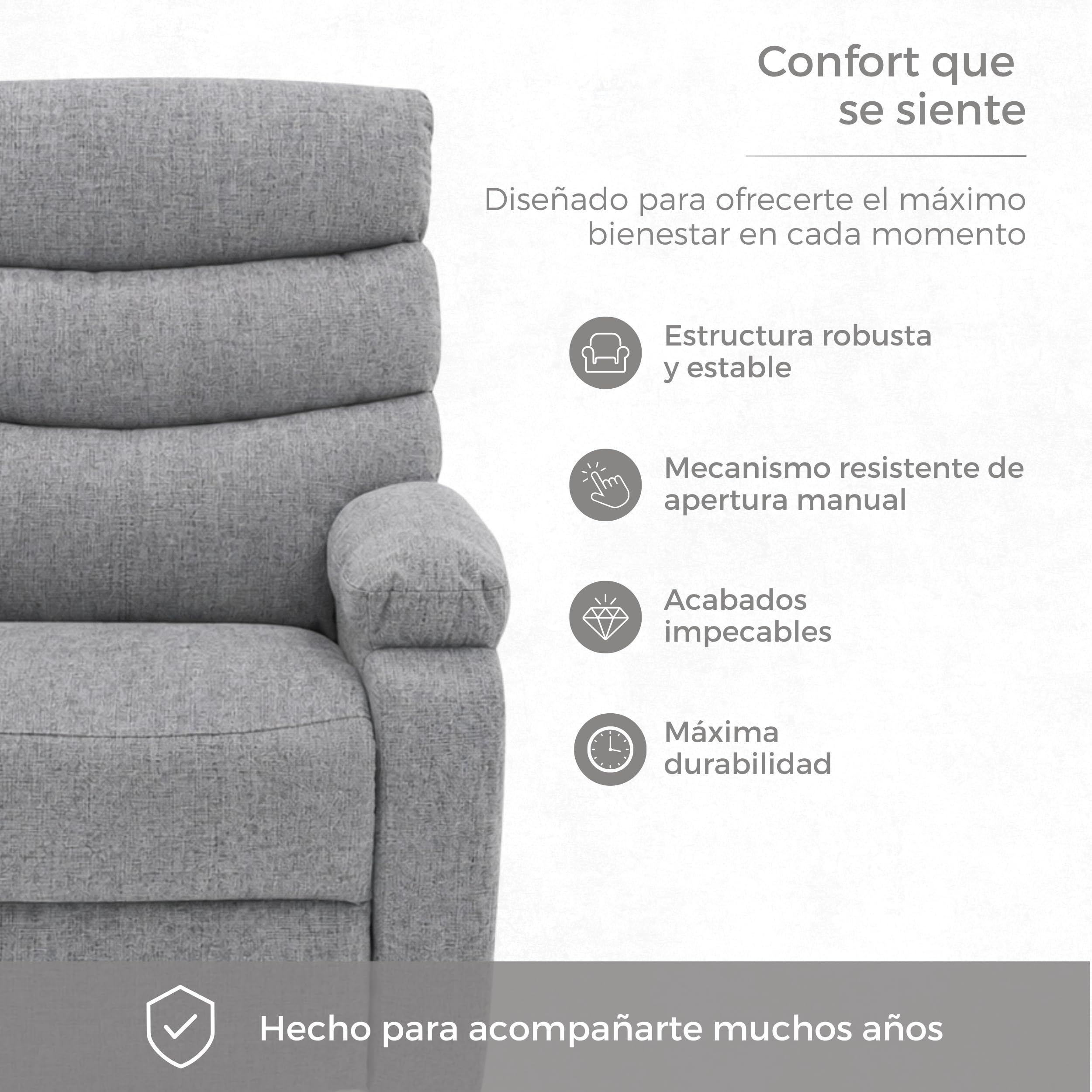 DESCANSIN - Sillon Relax Reclinable Manual con Palanca | Tapizado Tela Suave Antimanchas | Sillón Relax Asiento Firme y Respaldo Mullido | para 1 Persona | Relleno Resistente y Adaptable (Gris Claro)