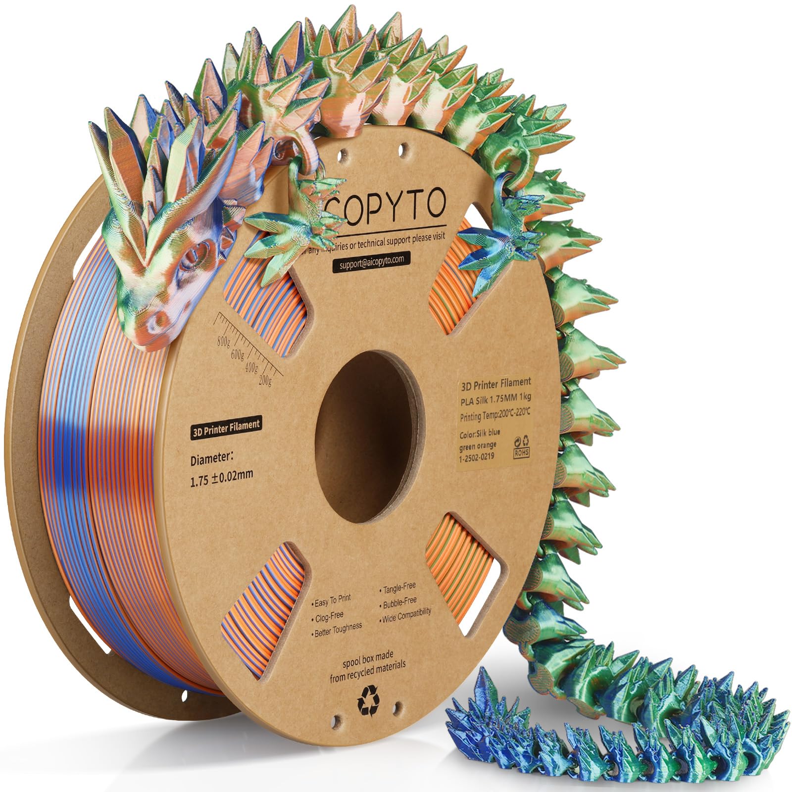 3D Printer Silk PLA Filament 1.75mm, Shiny Triple Color Blue Green Orange, Dimensional Accuracy +/- 0.02 mm, 1KG (2.1lbs)/Spool Easy to Print for Most FDM 3D Printers
